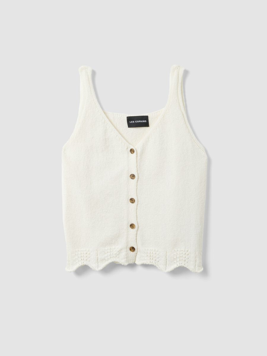White cotton blend regular fit tank top with buttons_4