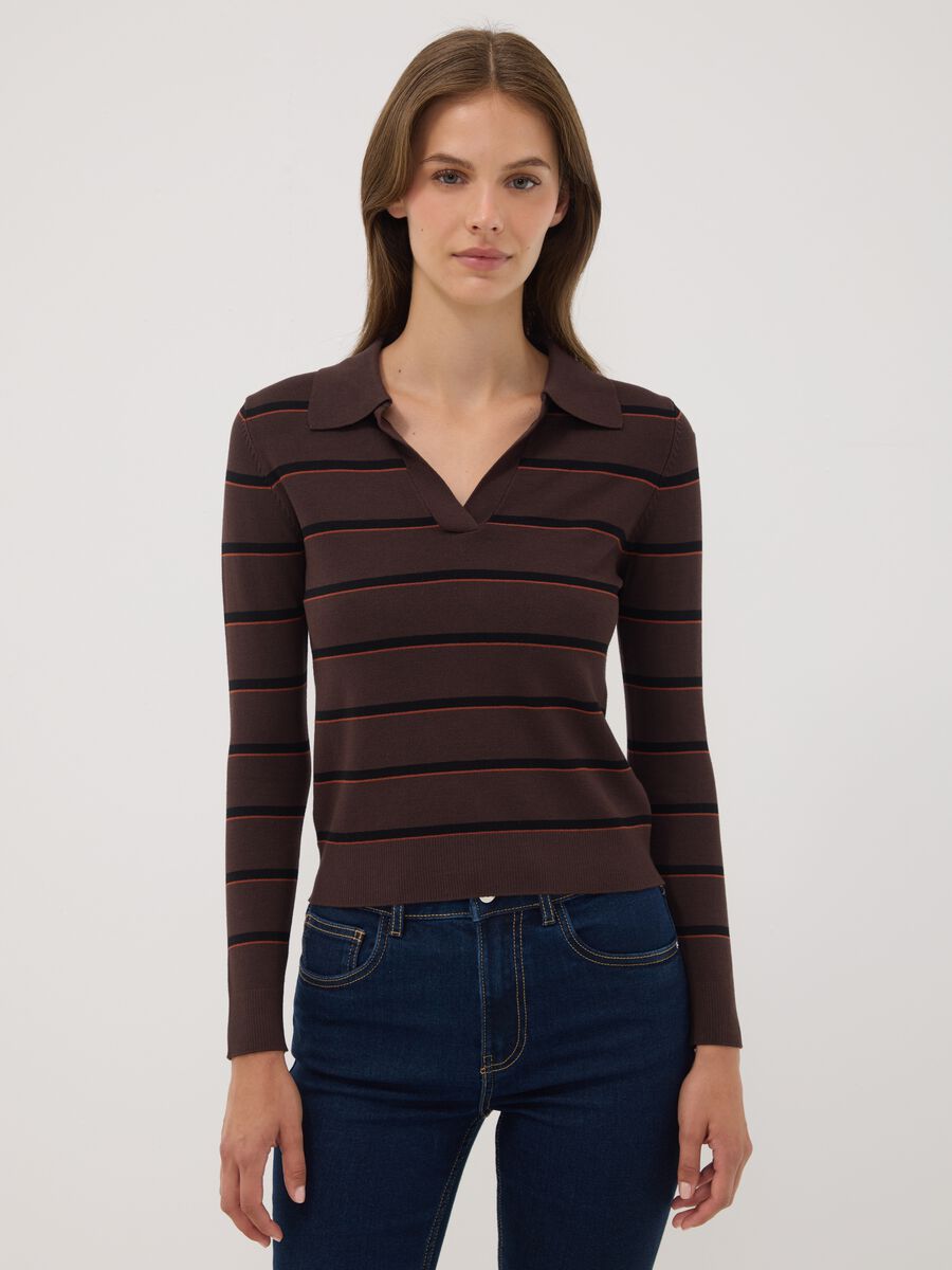 Brown viscose-blend polo-collar jumper, regular fit_1