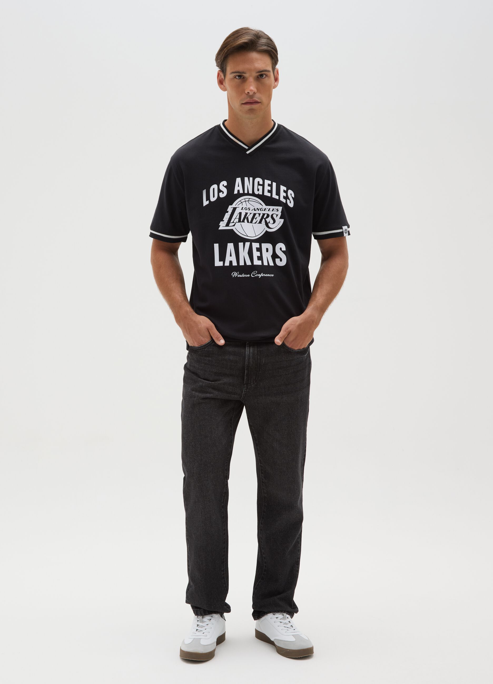 Maglia in puro cotone nera con stampa Los Angeles Lakers