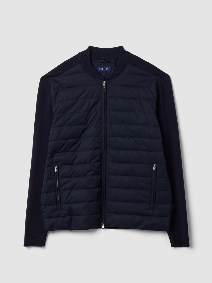Giacca blu in puro cotone con zip e maniche in maglia regular fit_0