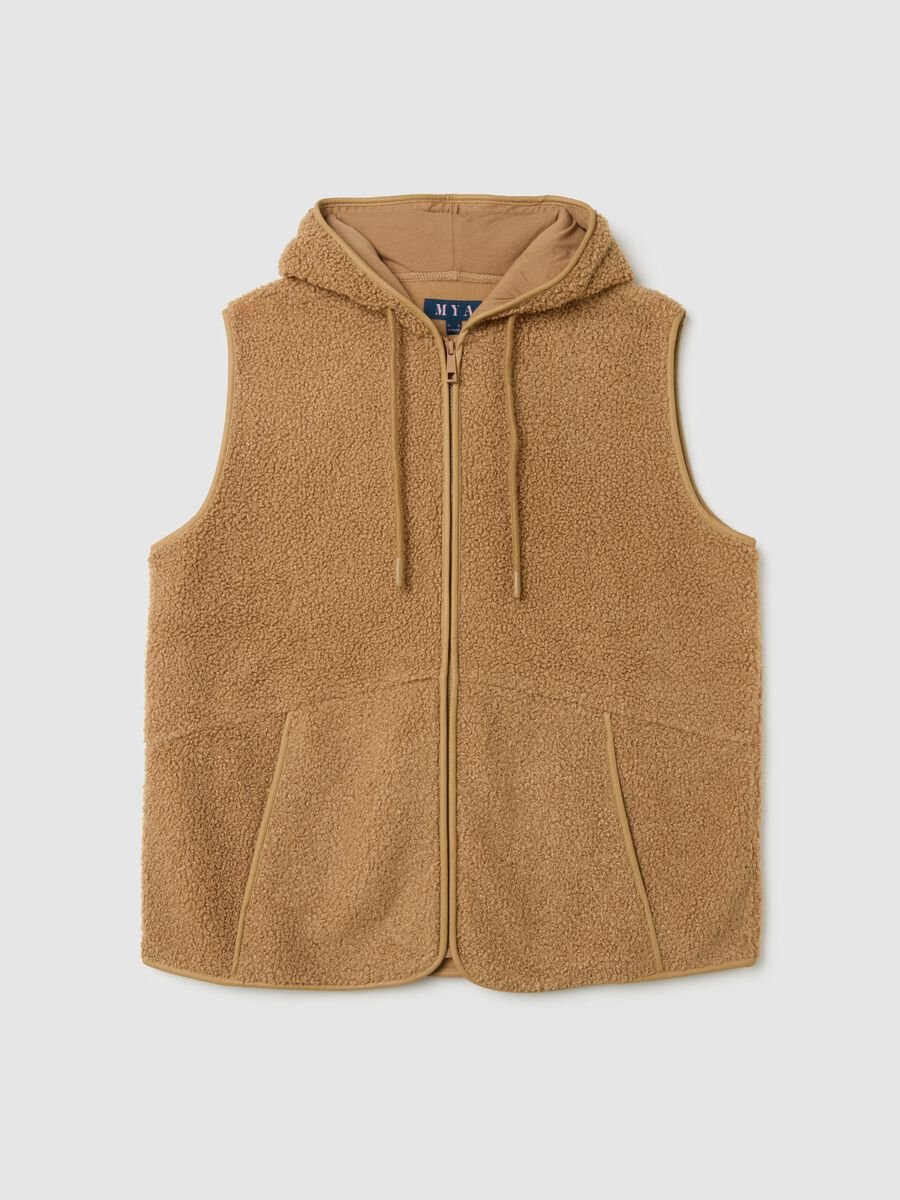 Brown regular fit gilet with zip and hood_0