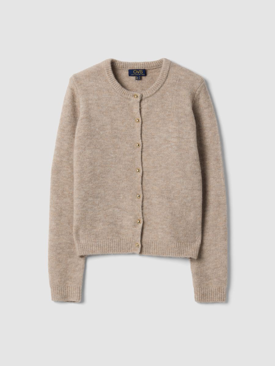 Beige stretch wool crew-neck cardigan, regular fit_4