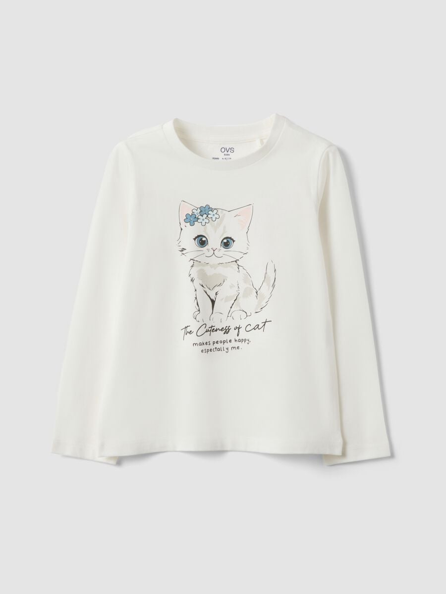 T-shirt bianca in puro cotone organico regular fit con stampa gattino_0