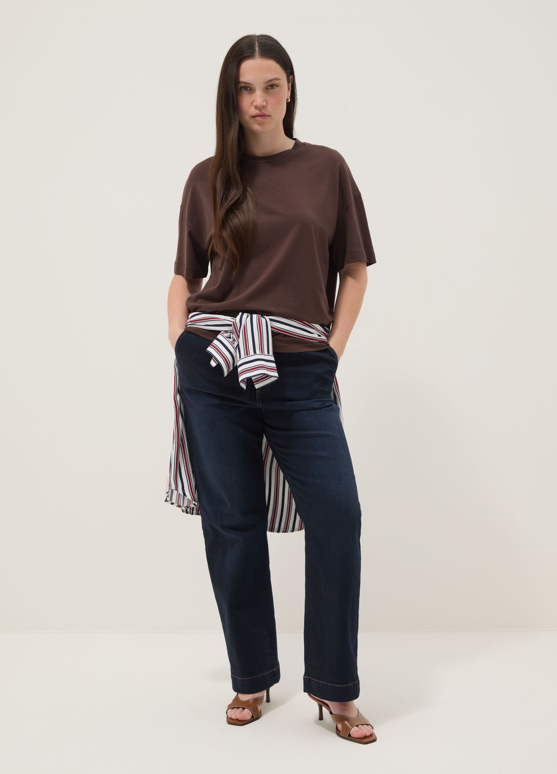 Brown stretch cotton and modal T-shirt