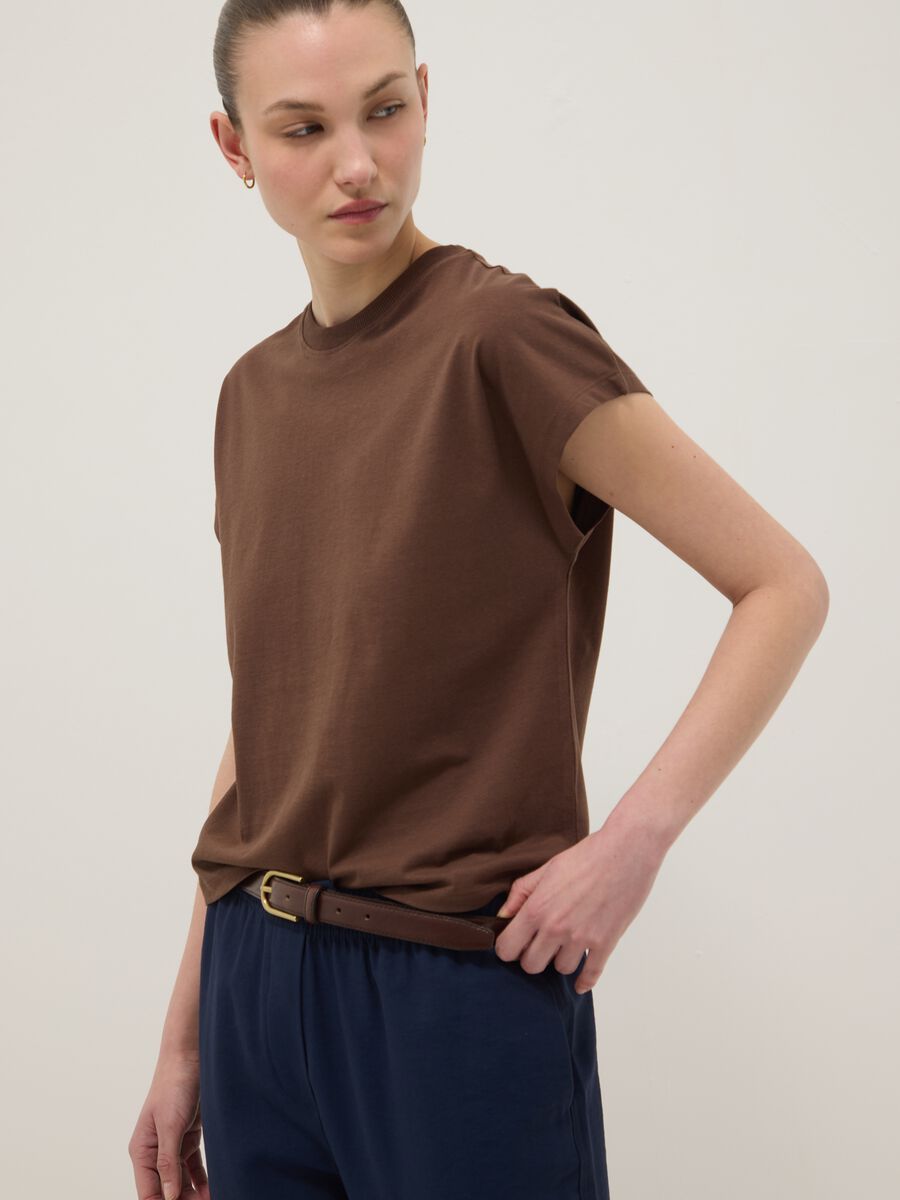 Brown fitted pure cotton short-sleeve T-shirt_0