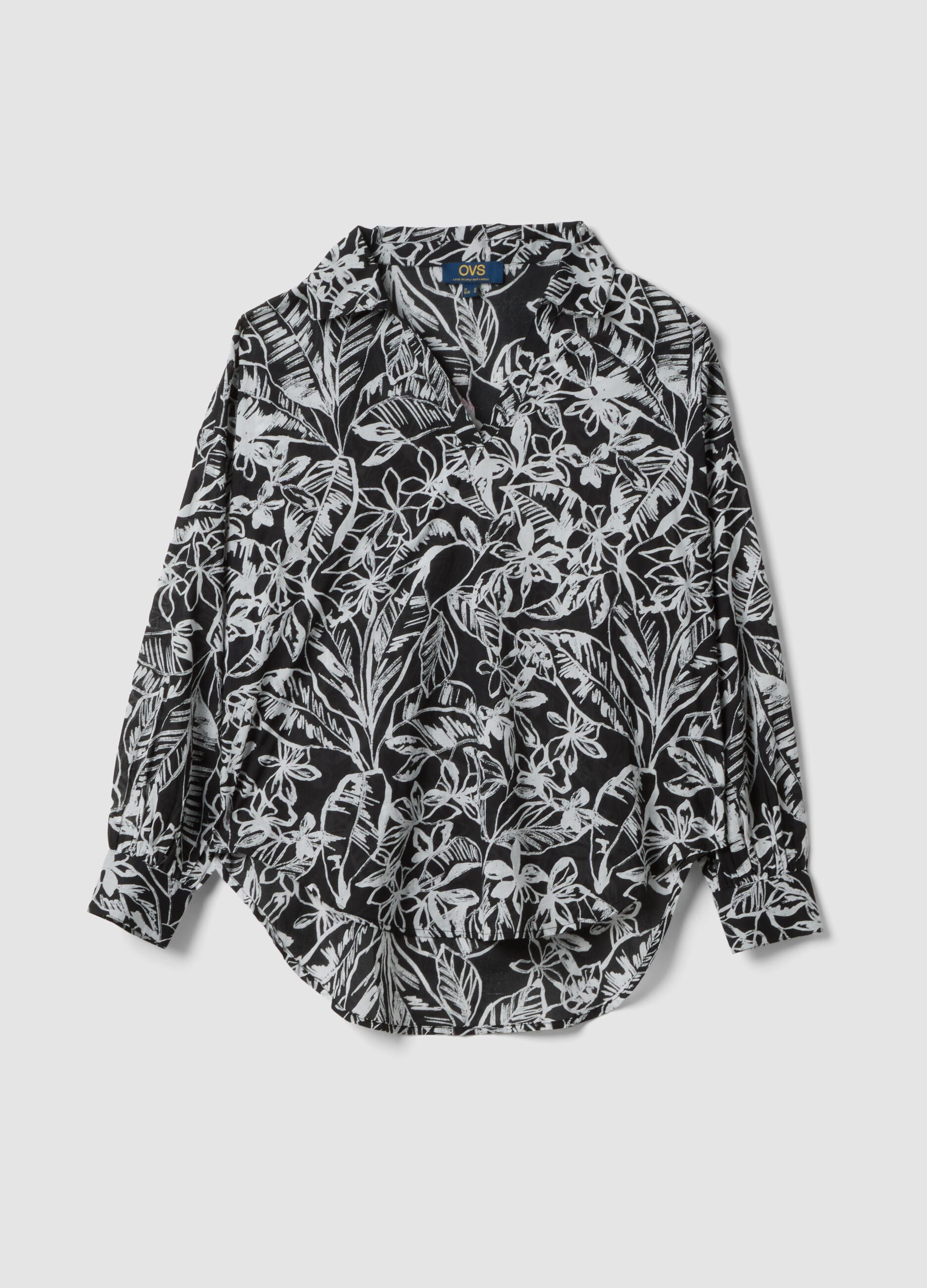 Pure cotton multicolour floral print V-neck shirt
