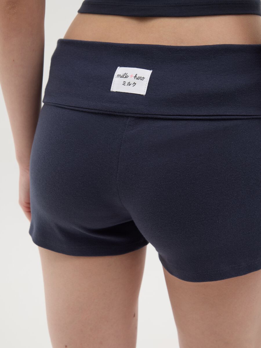 Women's slim fit blue pure cotton shorts with cuff_2