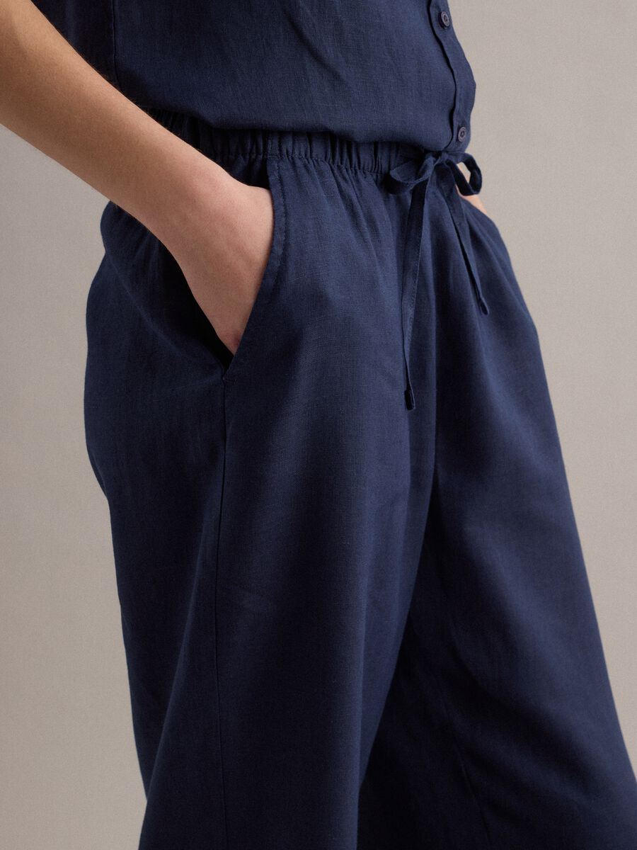 Pantaloni blu in puro lino con coulisse straight fit_2