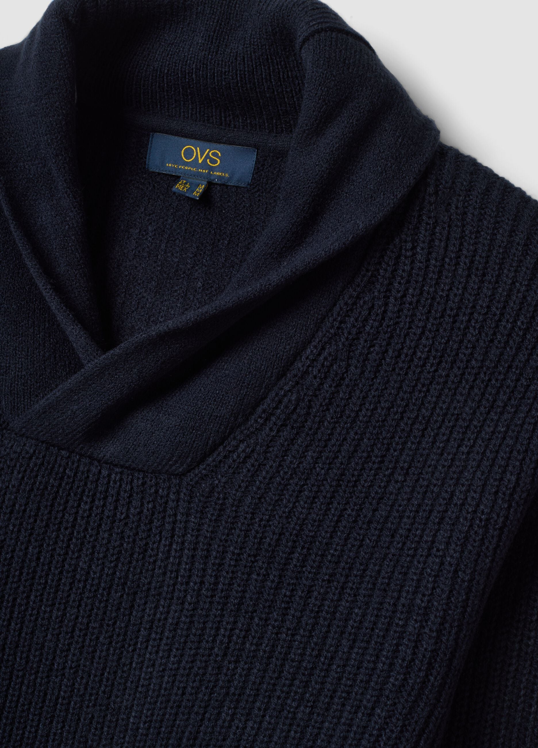 Blue ribbed shawl-collar jumper, regular fit