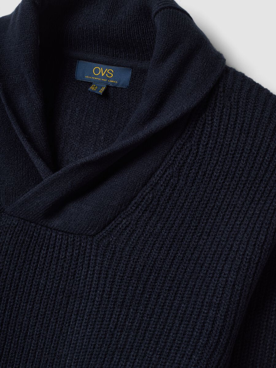 Blue ribbed shawl-collar jumper, regular fit_1