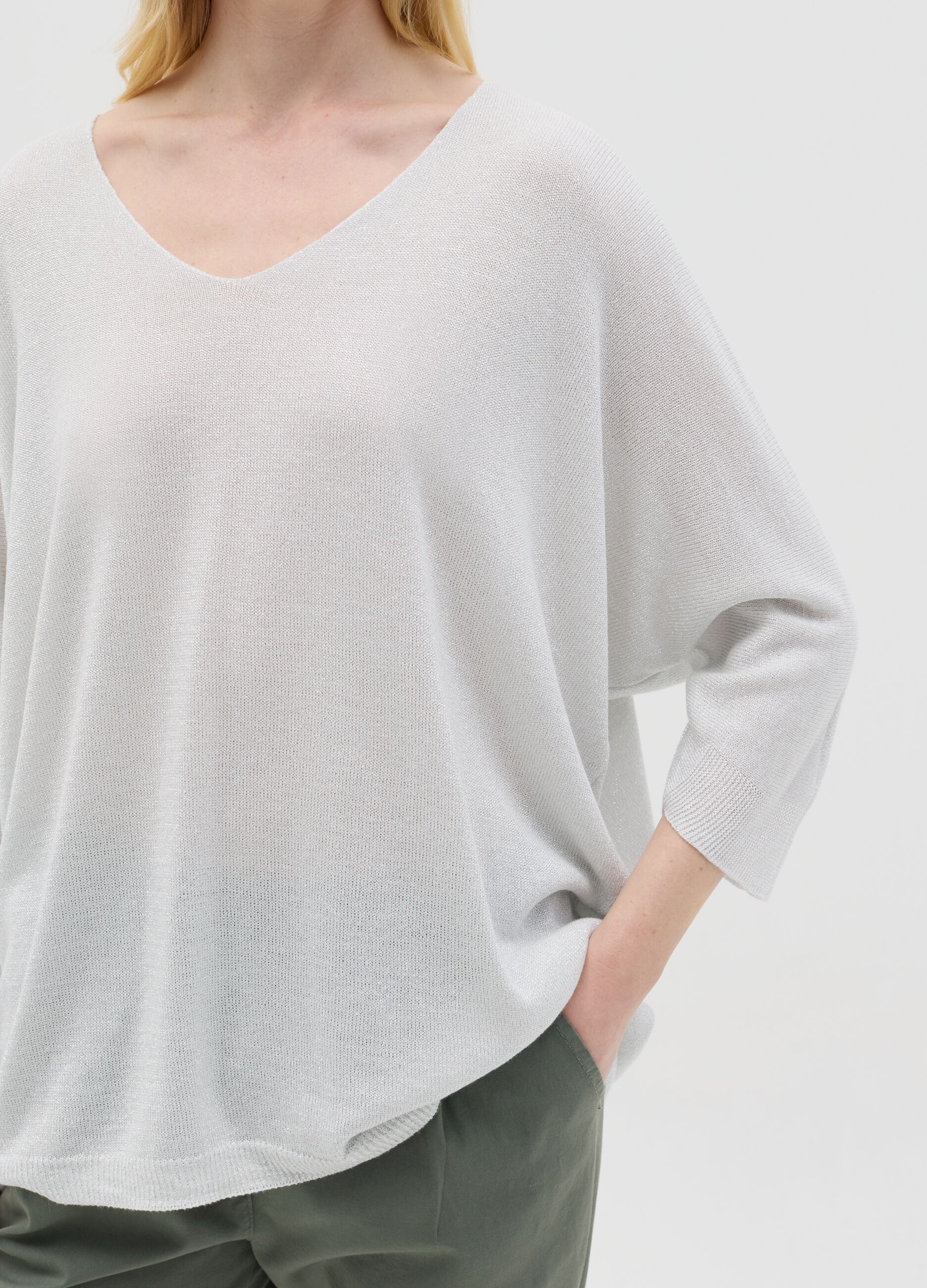 Grey lurex top with three-quarter sleeves