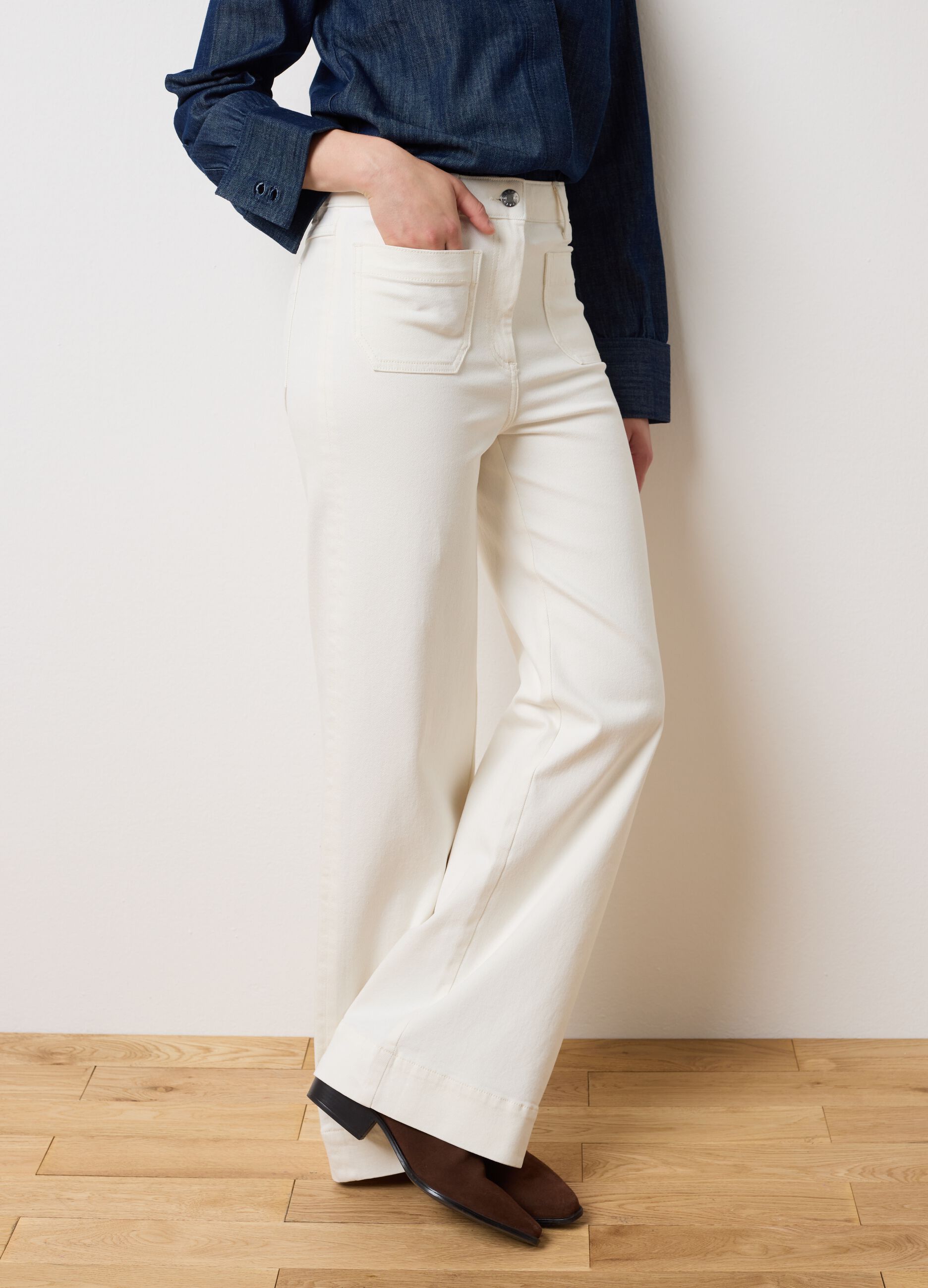 Wide Leg Beige Denim Trousers