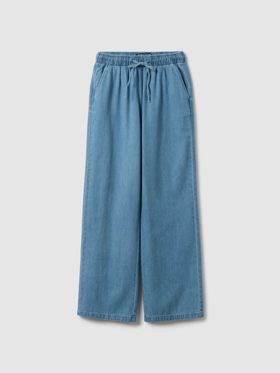 Blue wide leg denim trousers in pure cotton with elastic waistband_4