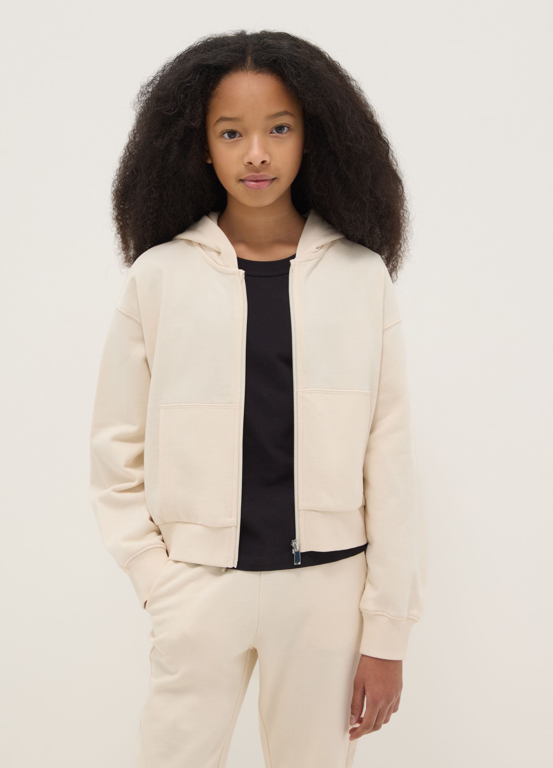 Girl's beige pure cotton hoodie in relaxed fit