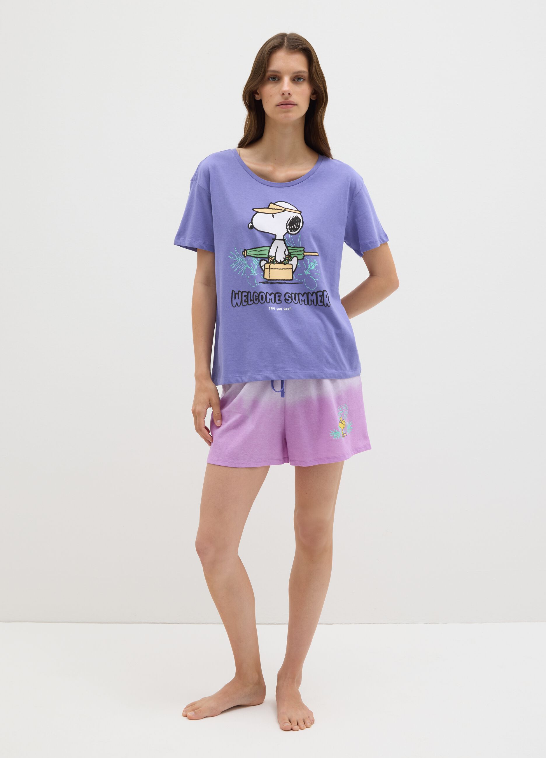 Women's pure cotton purple pyjama set regular fit with Snoopy print