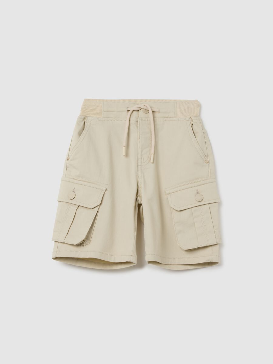 Beige regular fit stretch cotton children's shorts with side pockets_0