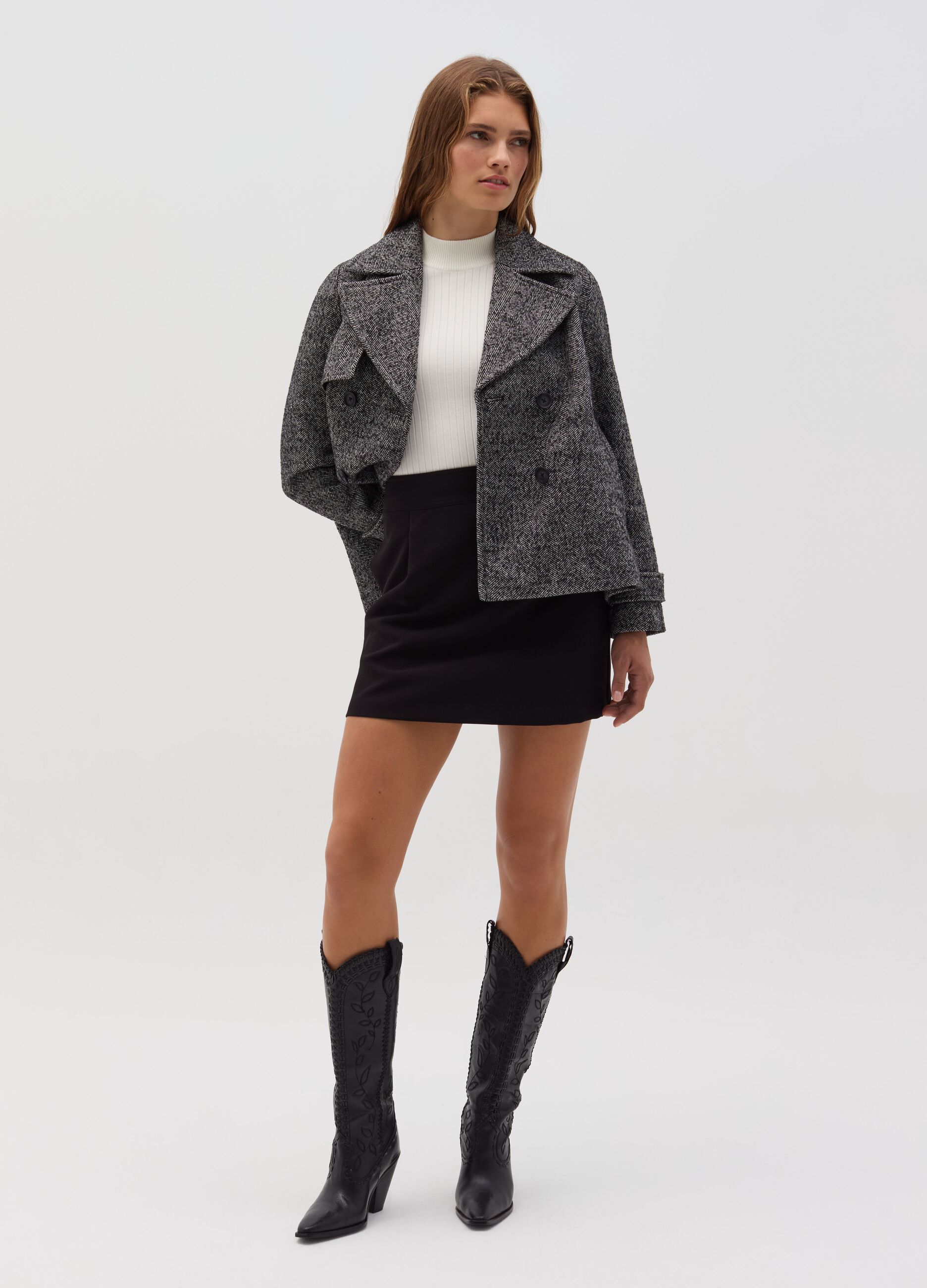 Double-breasted caban coat with herringbone design