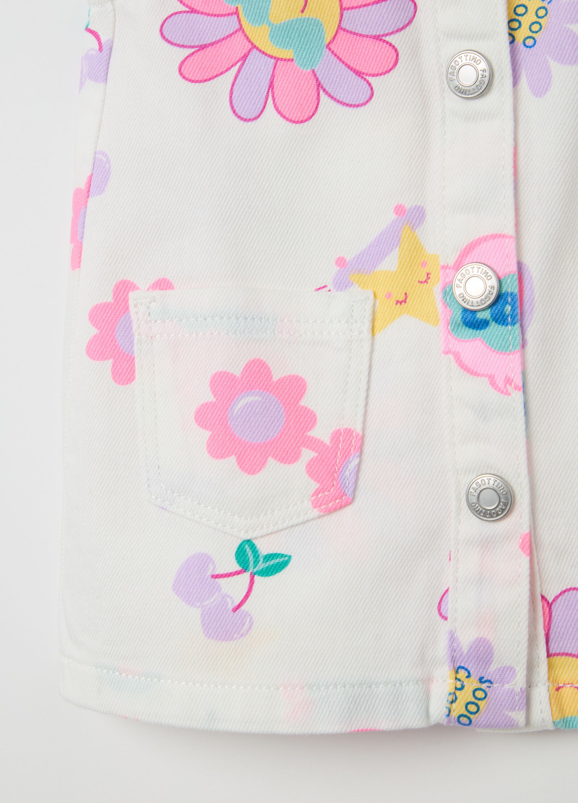 Salopette gonna in denim con stampa fiori 