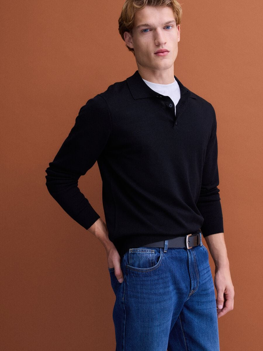 Black pure merino wool polo jumper with polo collar_0