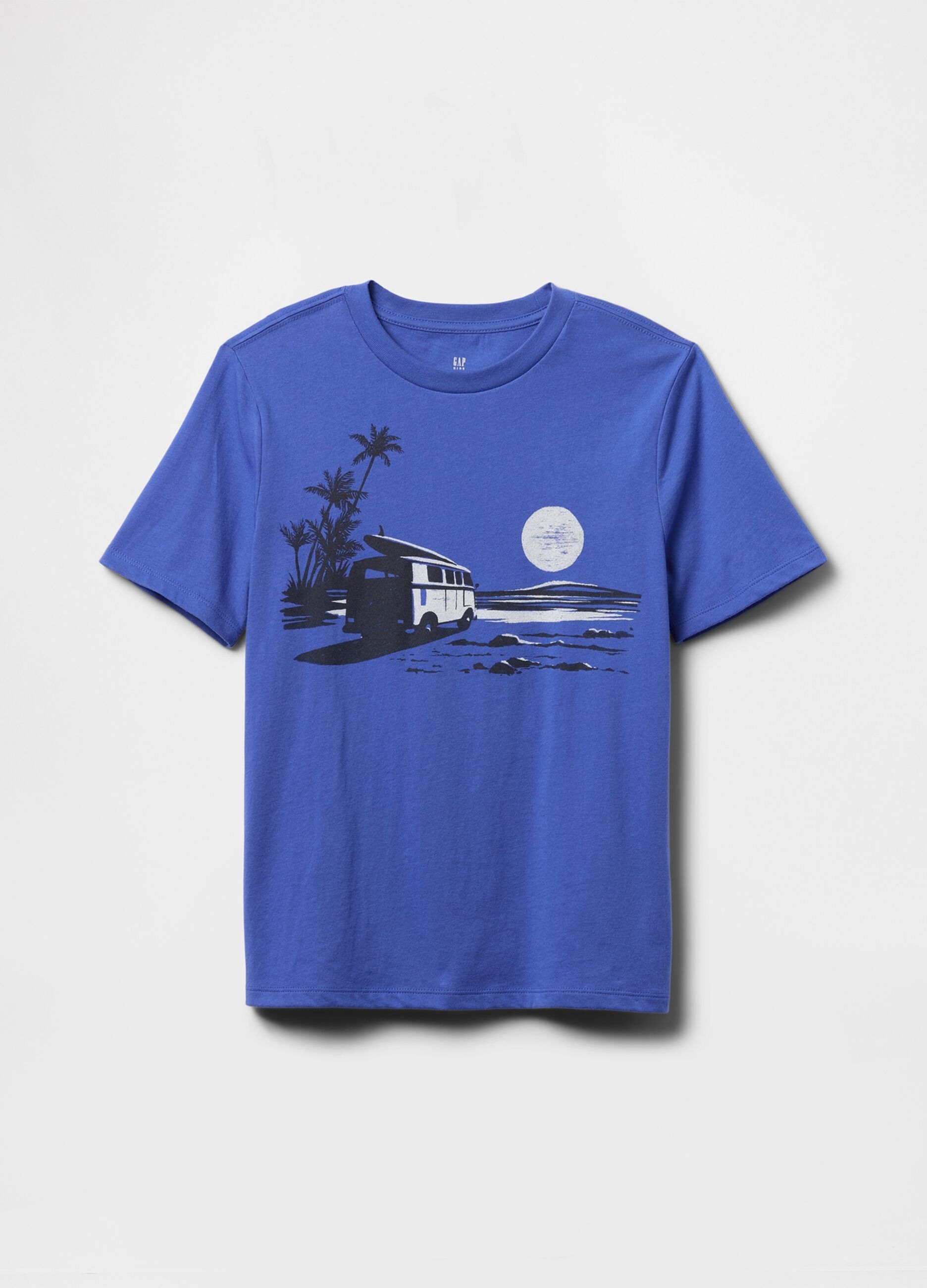 Blue T-shirt featuring a van and palm tree under the moon
