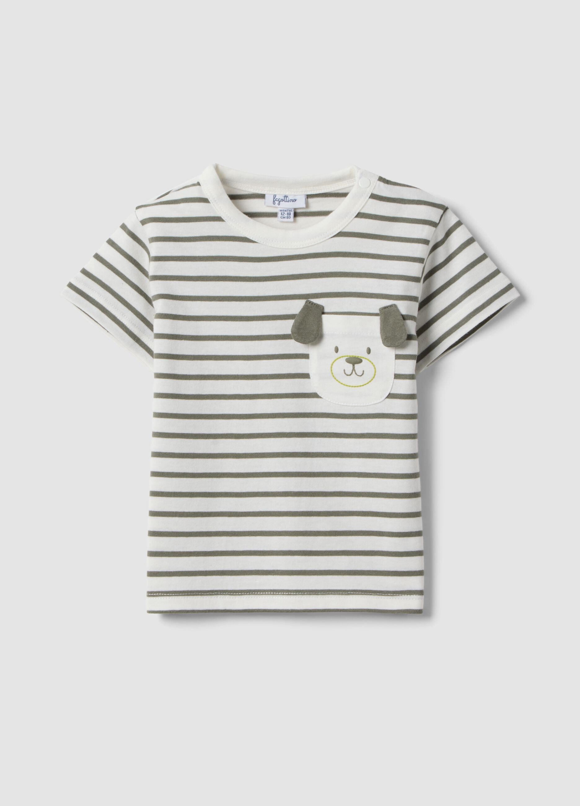 Boys&rsquo; pure cotton multicolour striped T-shirt with dog pocket