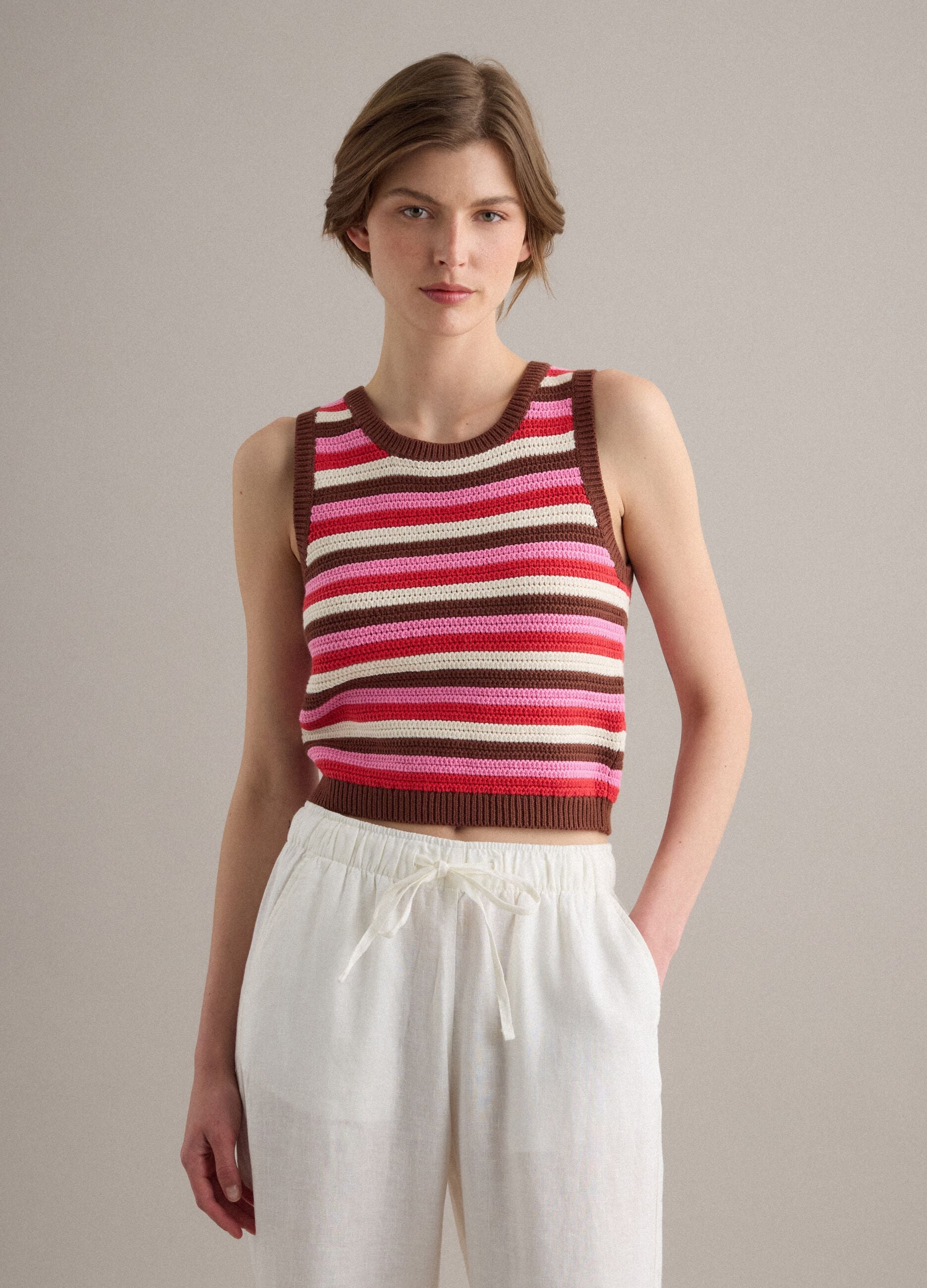 Fitted pure cotton knitted gilet with multicolour stripes