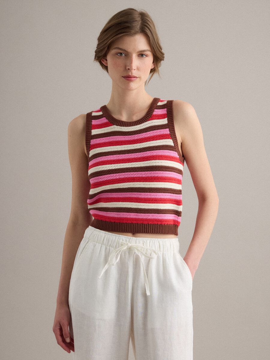 Fitted pure cotton knitted gilet with multicolour stripes_2