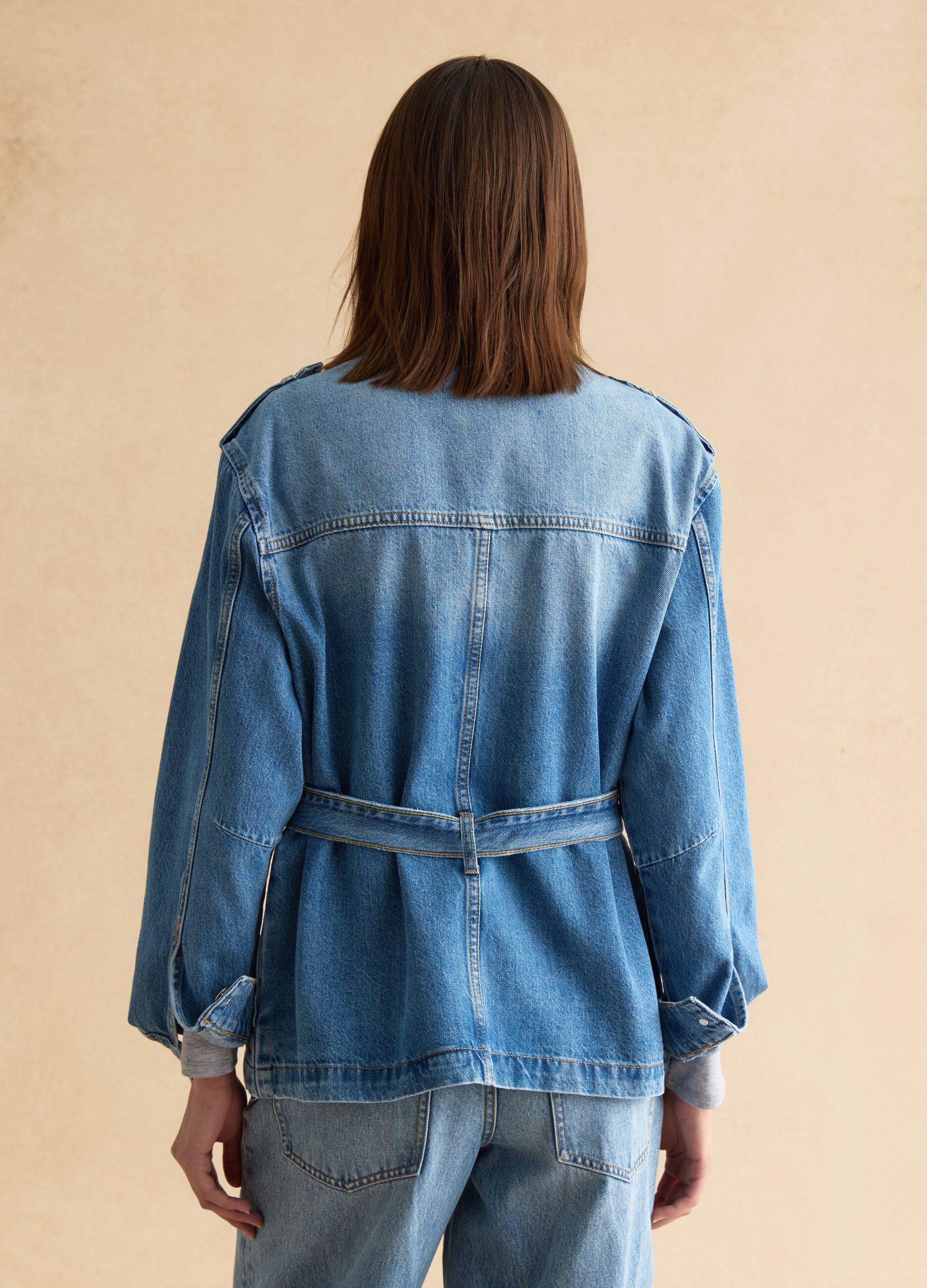 Giacca in puro cotone denim blu regular fit con cintura