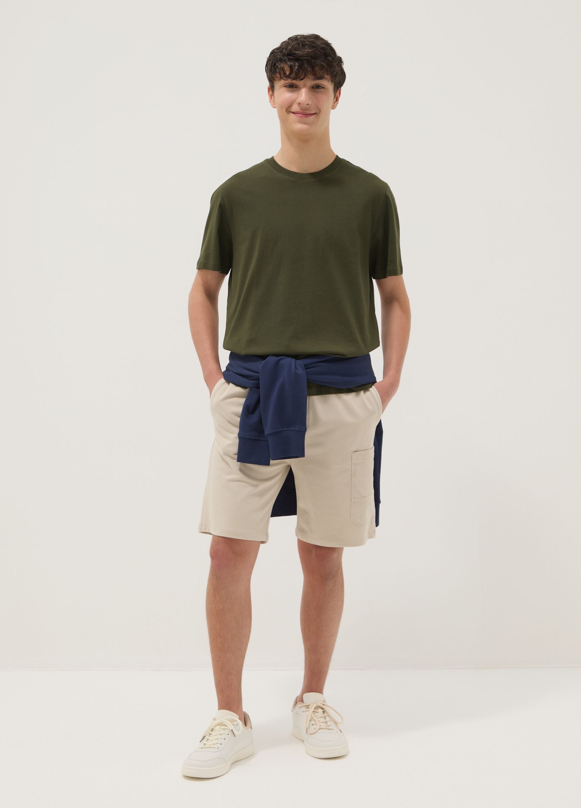 Boy's beige oversized fit pure cotton cargo shorts