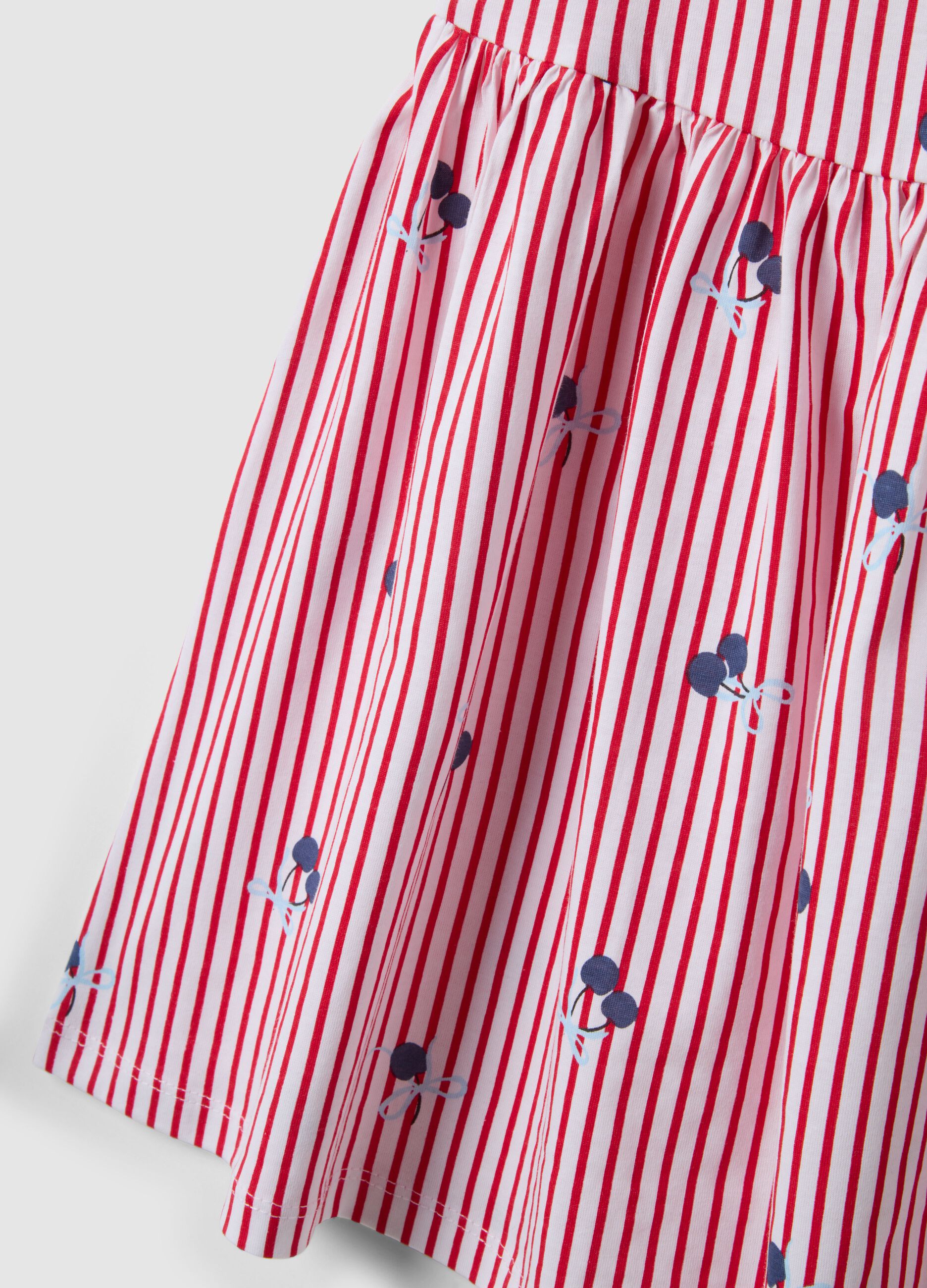 Red striped pure cotton dress with ruffles and prints for girls