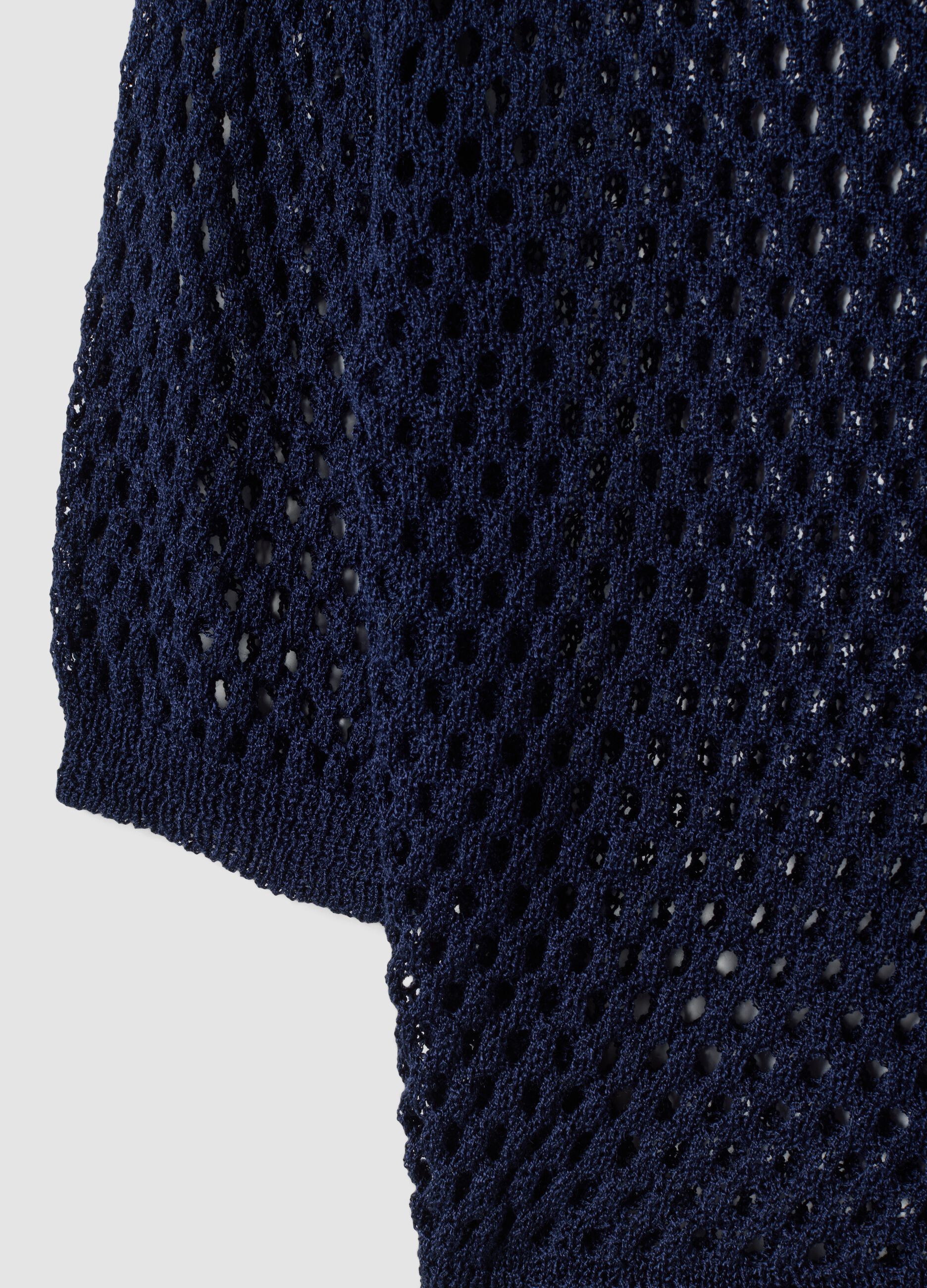 Blue open-knit three-quarter sleeve top
