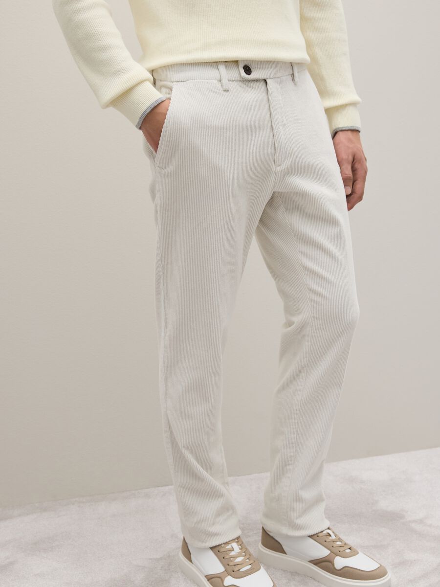 White stretch cotton blend trousers with fine ribbing_3