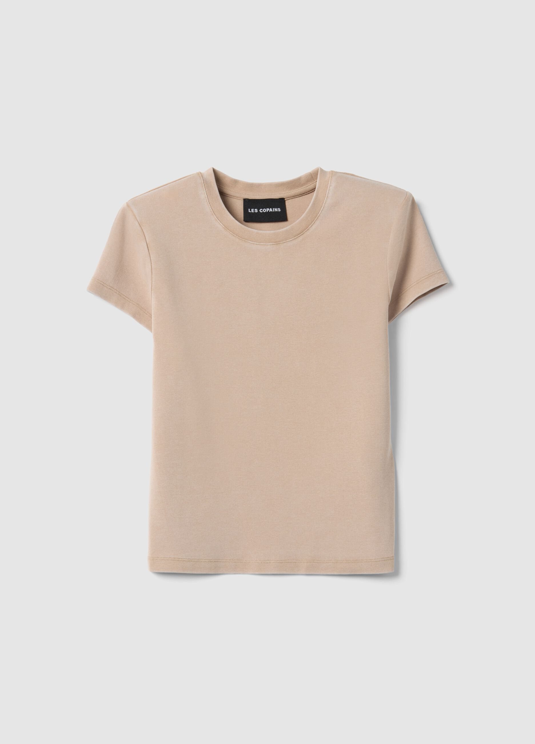 Beige stretch cotton fitted t-shirt
