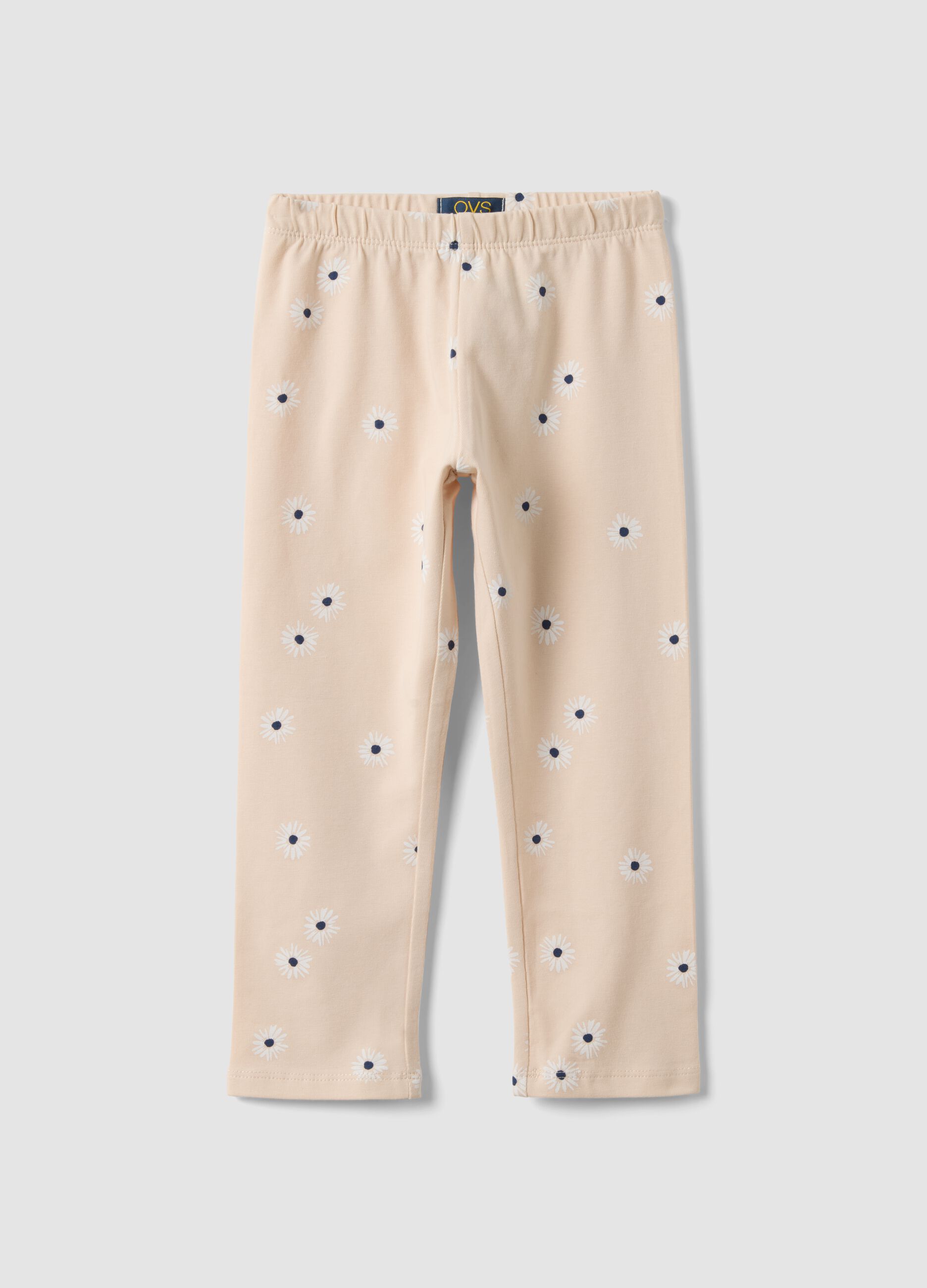 Leggings skinny in cotone elasticizzato beige da bambina con fiori