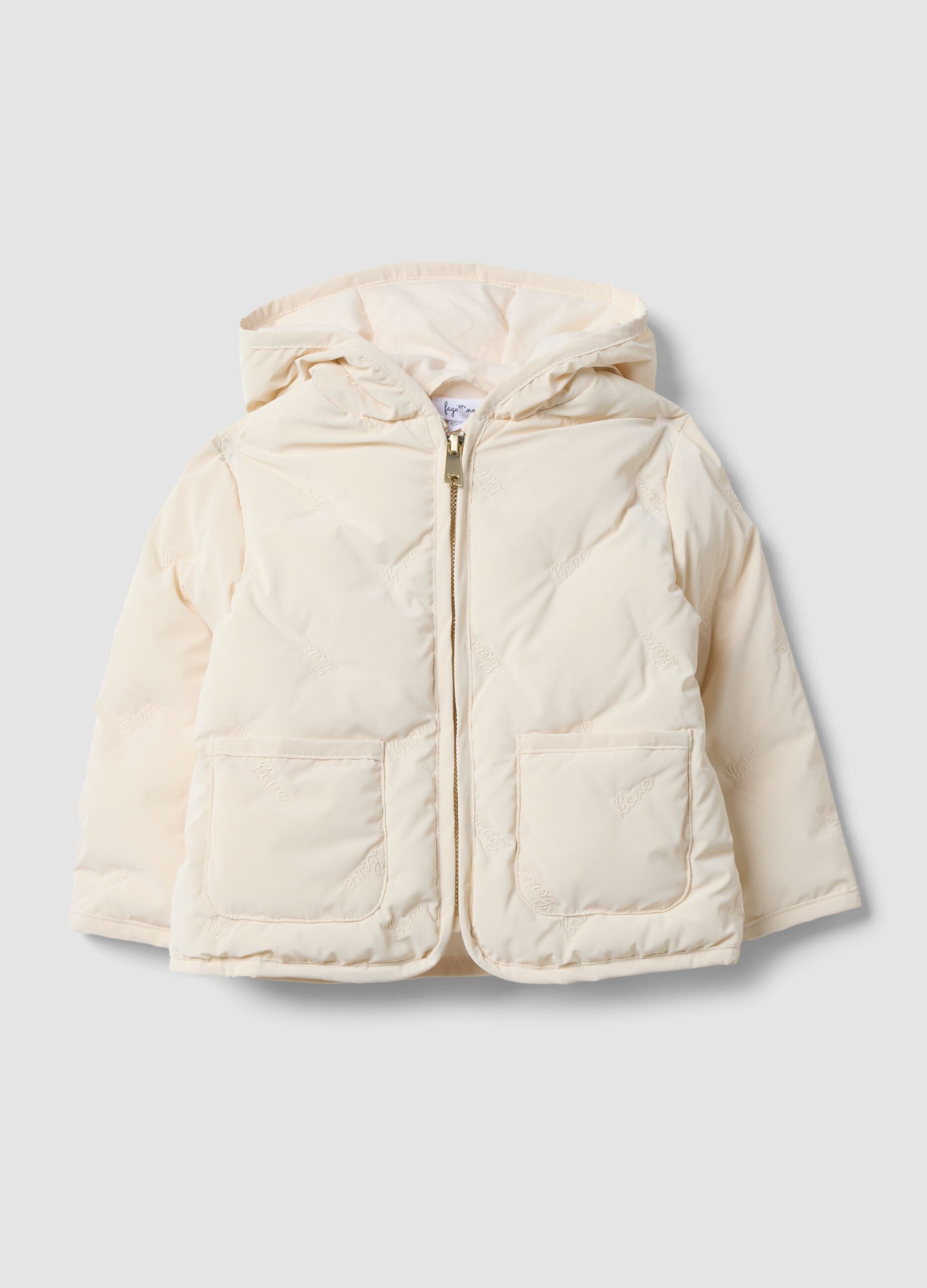 Beige padded hooded zip-up jacket for baby girl