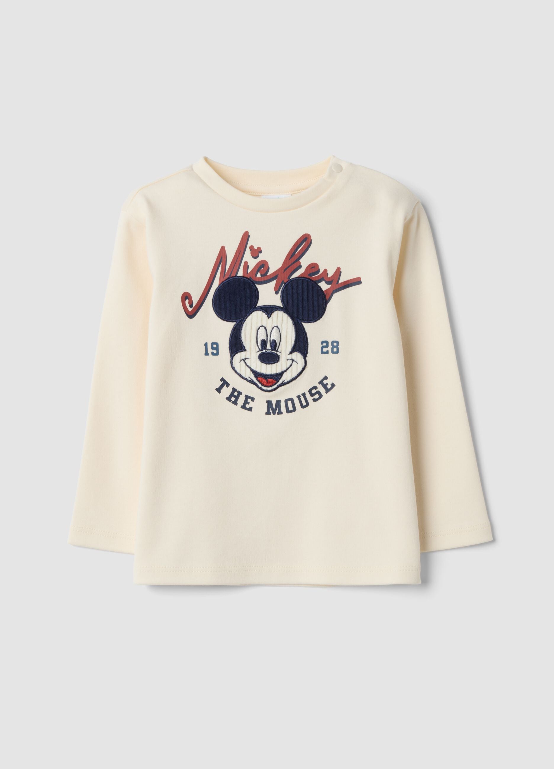 T-shirt beige girocollo in puro cotone organico con stampa Mickey