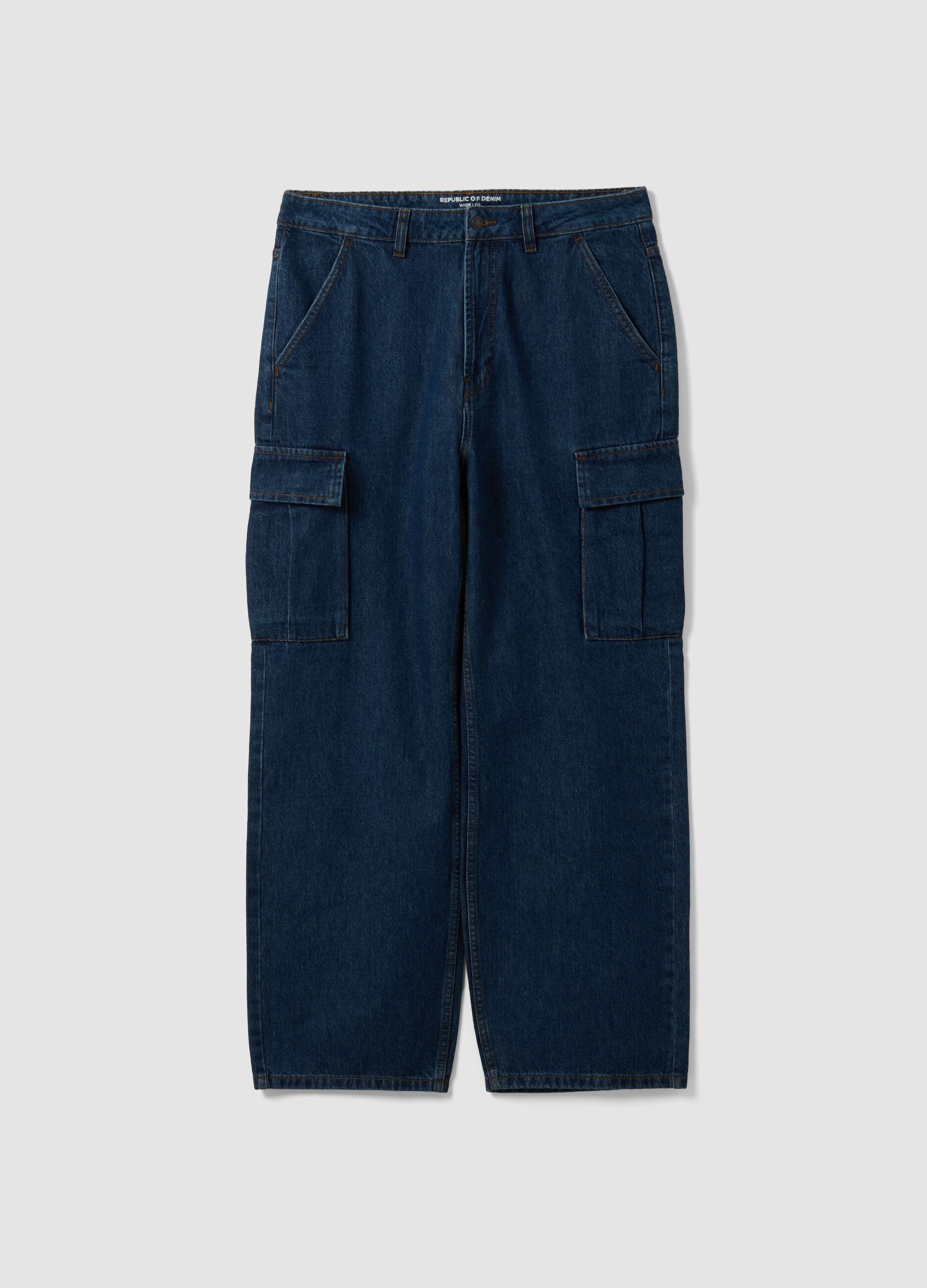 Dark blue pure cotton wide-leg cargo jeans