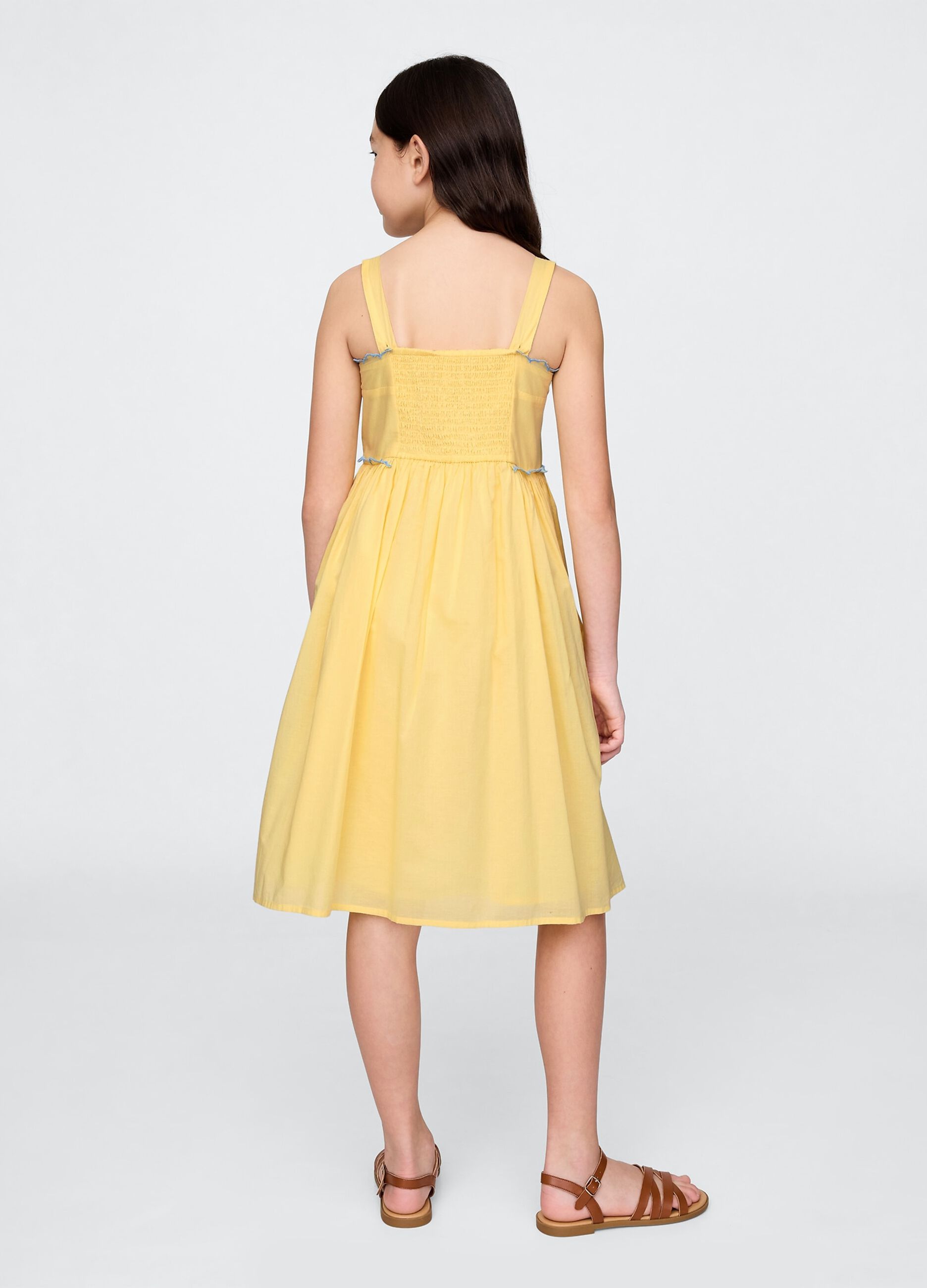 Yellow summer dress with floral embroidery in cotton