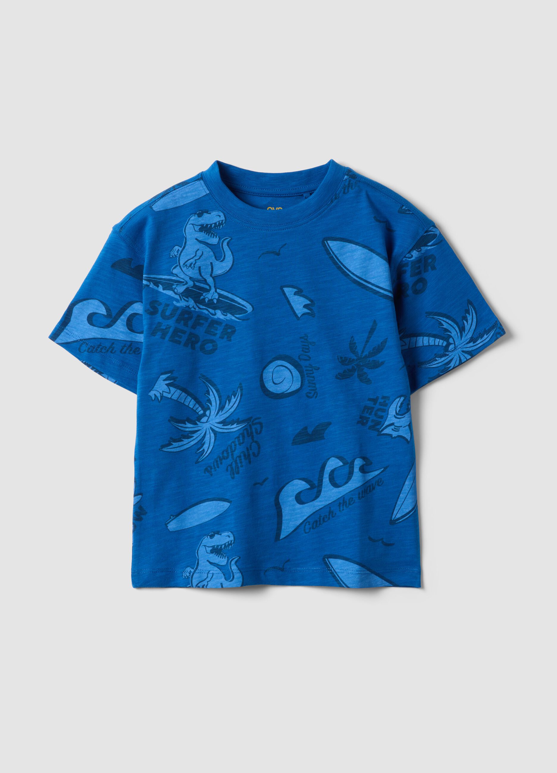 Blue short-sleeved pure cotton T-shirt