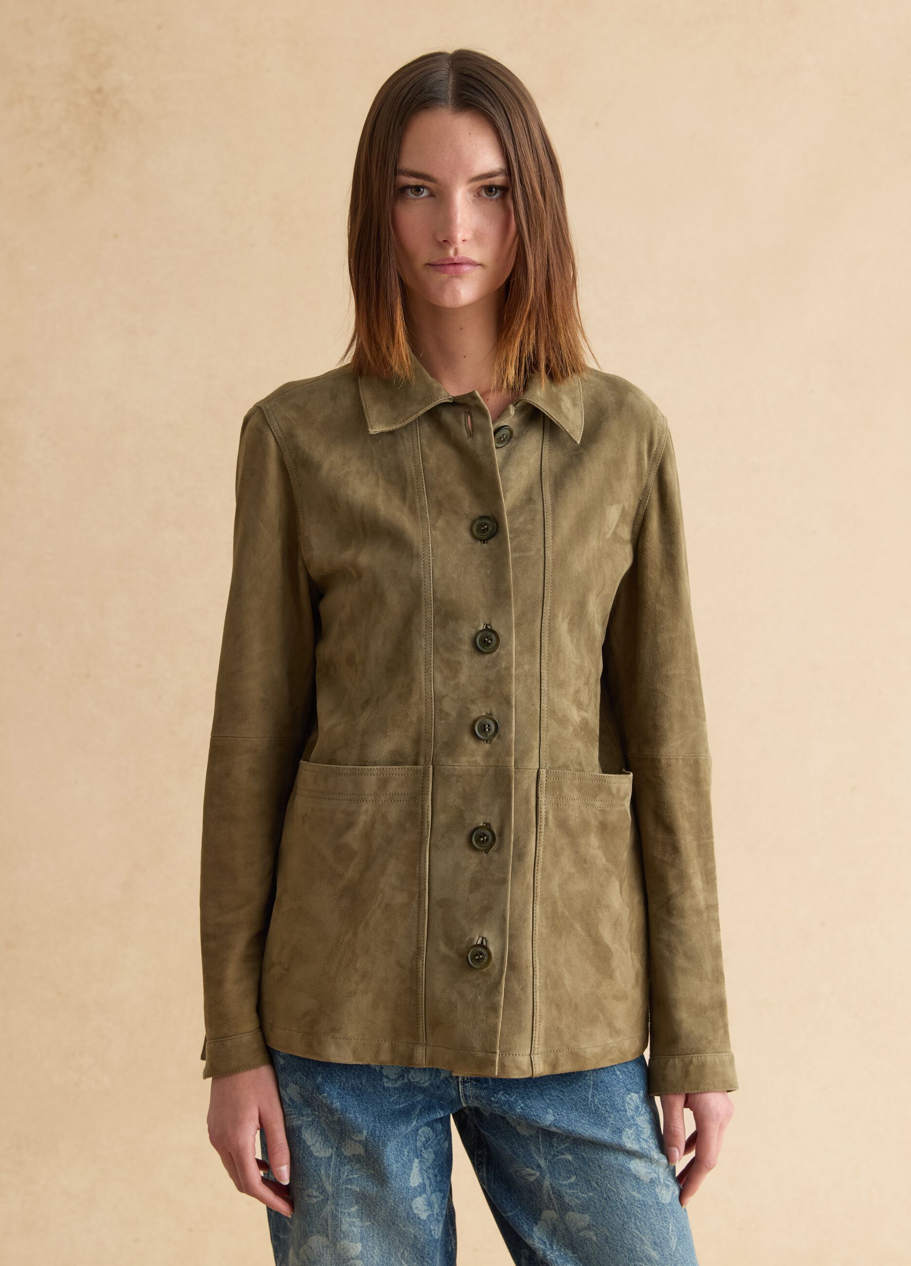 Giacca in vera pelle verde regular fit con bottoni