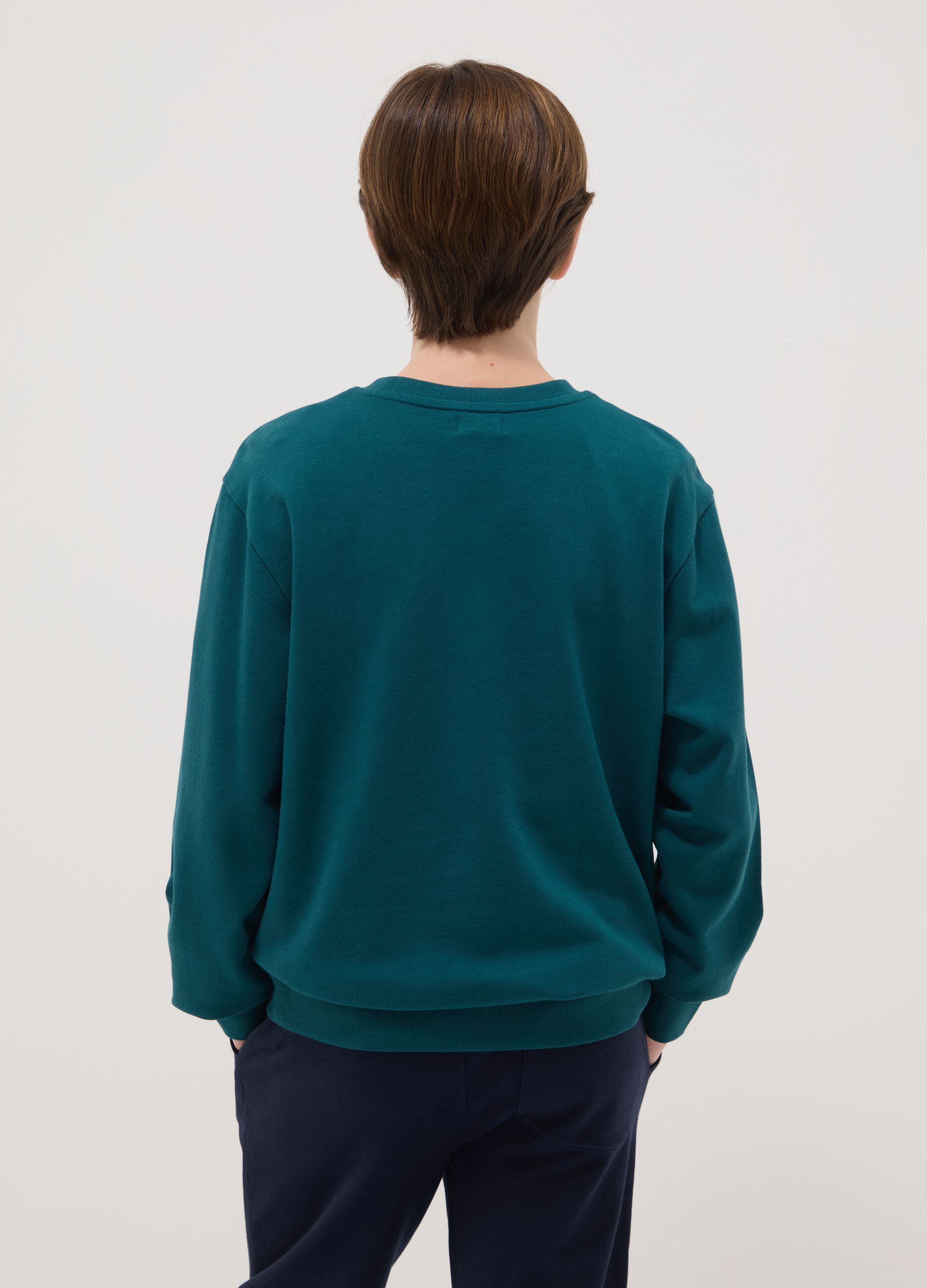 Green crewneck sweatshirt for boys in pure cotton, regular fit with print
