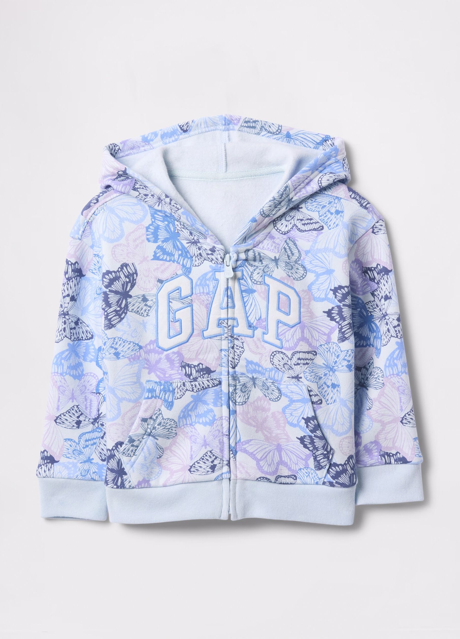 Light blue full-zip sweatshirt with hood, butterflies print and logo embroidery