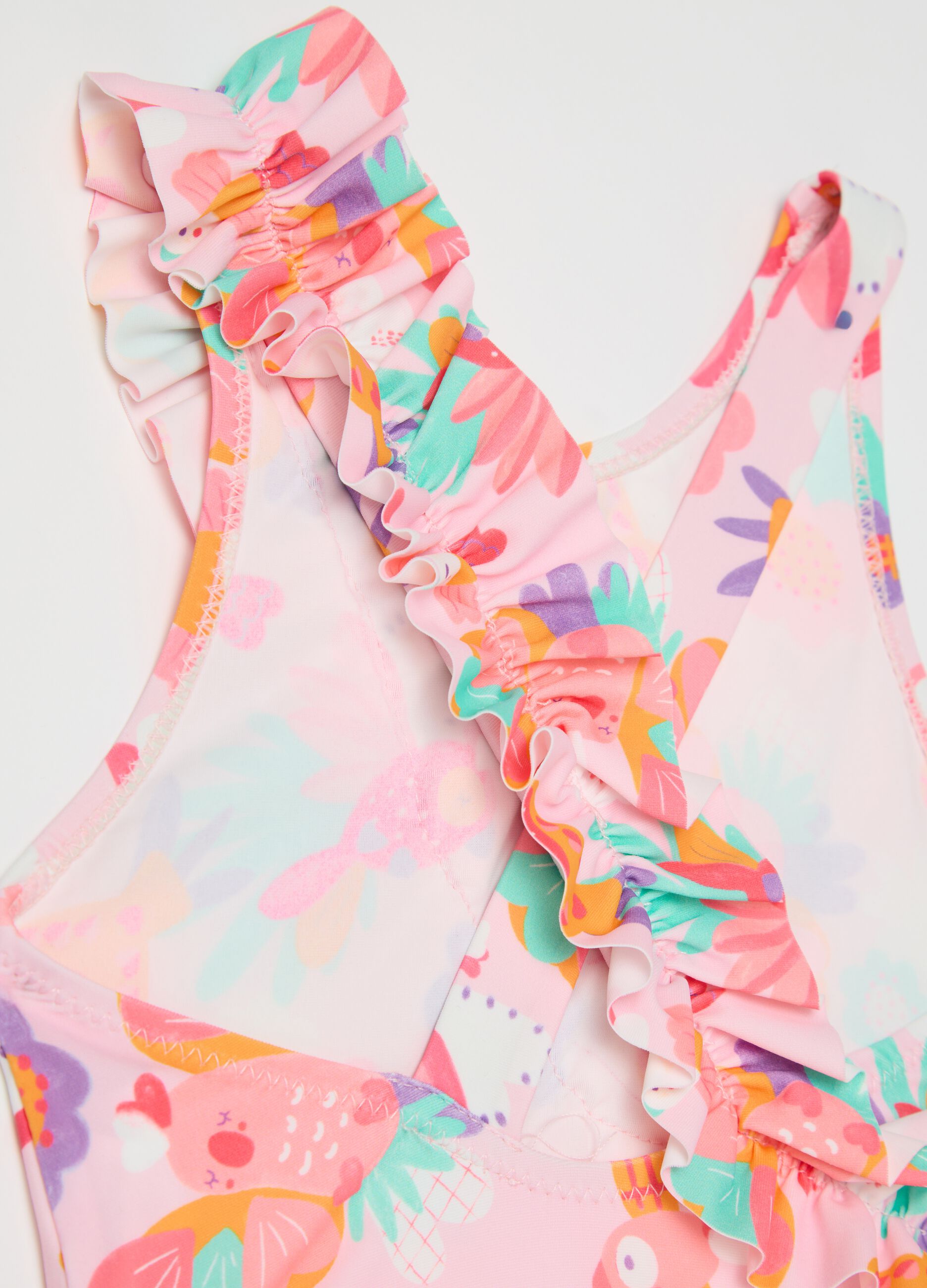 Girls’ one-piece swimsuit in multicoloured stretch fabric