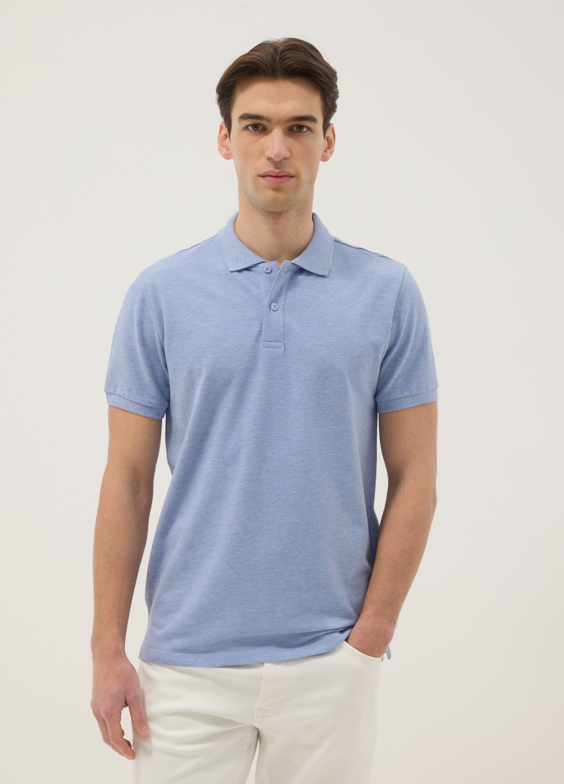 Short-sleeve light blue polo shirt in pure cotton