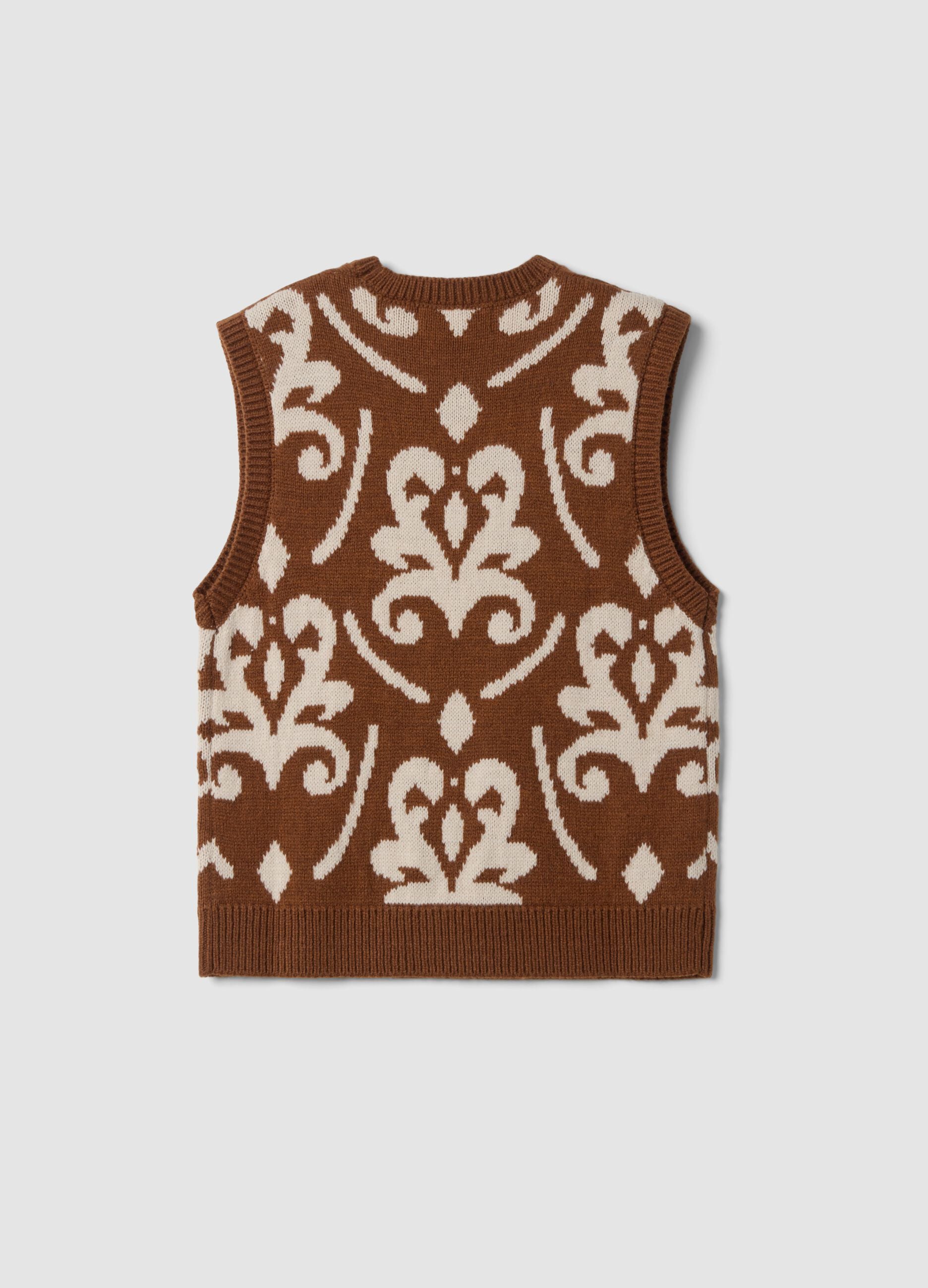 Gilet marrone e bianco in misto lana con girocollo