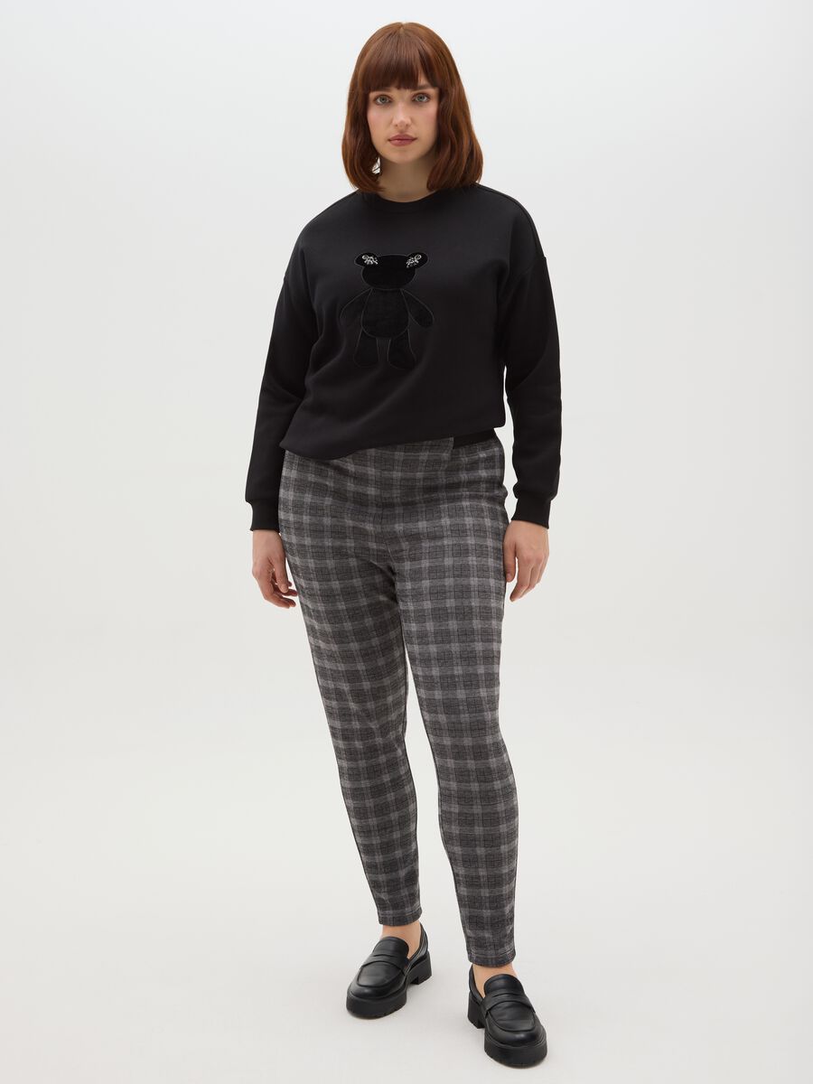 Black cotton blend regular fit sweatshirt with embroidered teddy bear_1