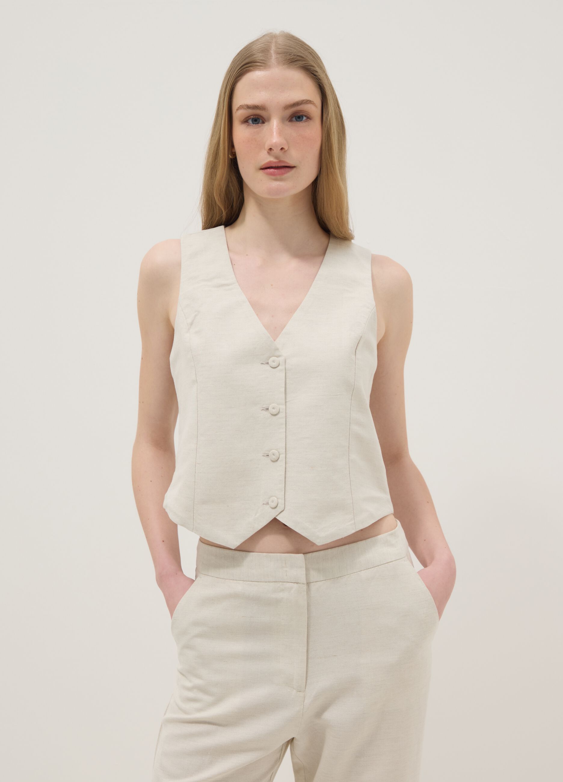 Beige linen-blend slim-fit waistcoat with buttons