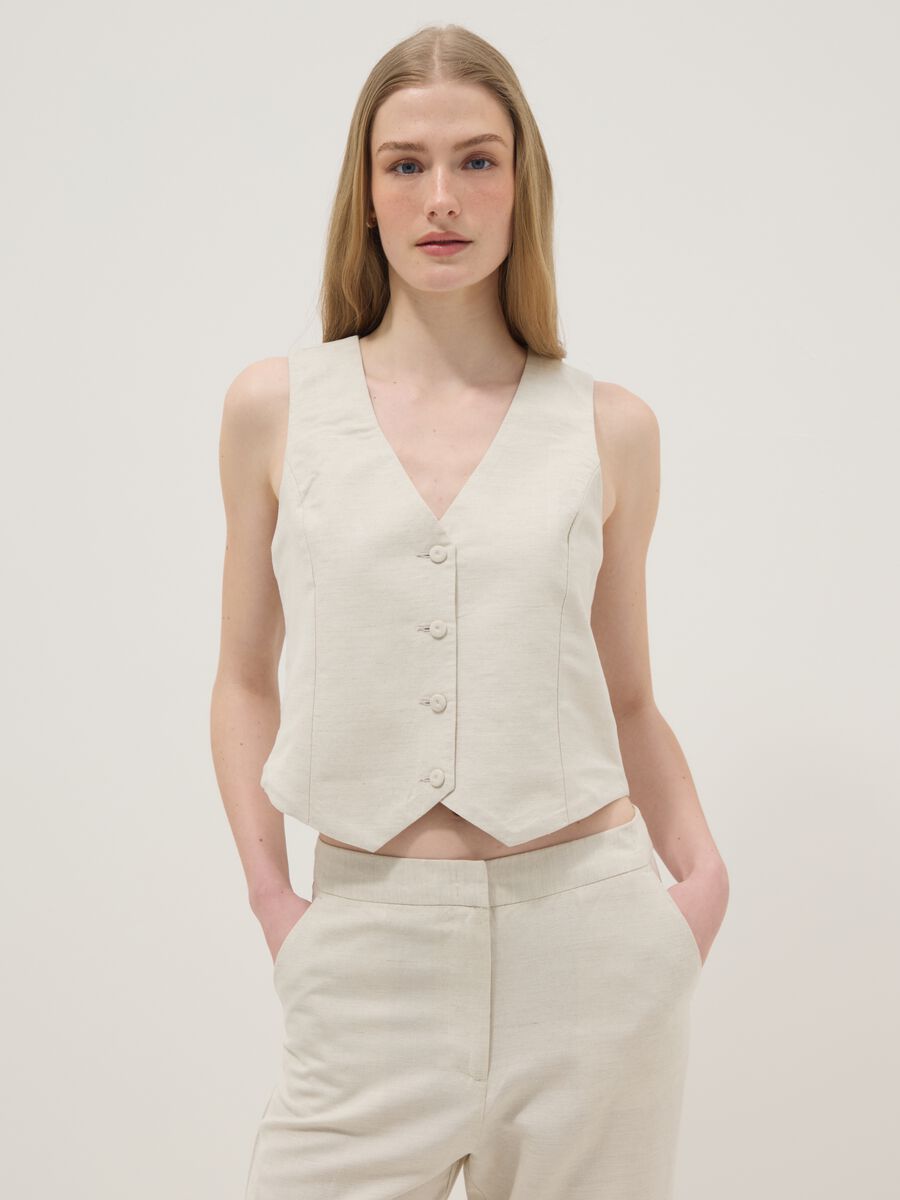 Beige linen-blend slim-fit waistcoat with buttons_0