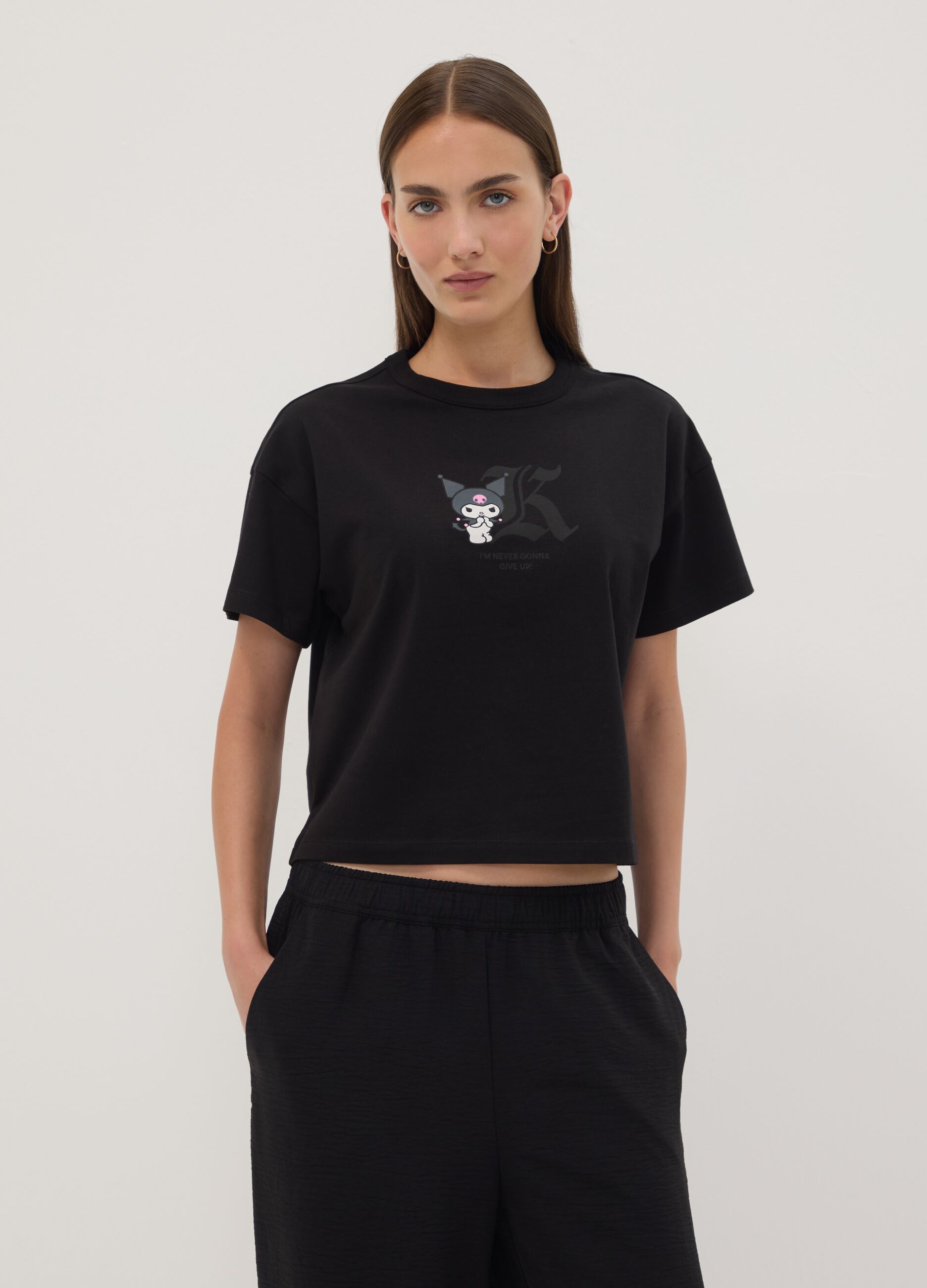 Black pure cotton Kuromi print T-shirt, regular fit