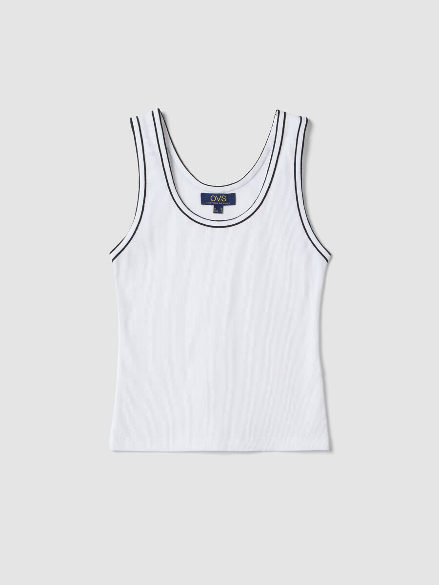 White stretch cotton tank top with border regular fit_4
